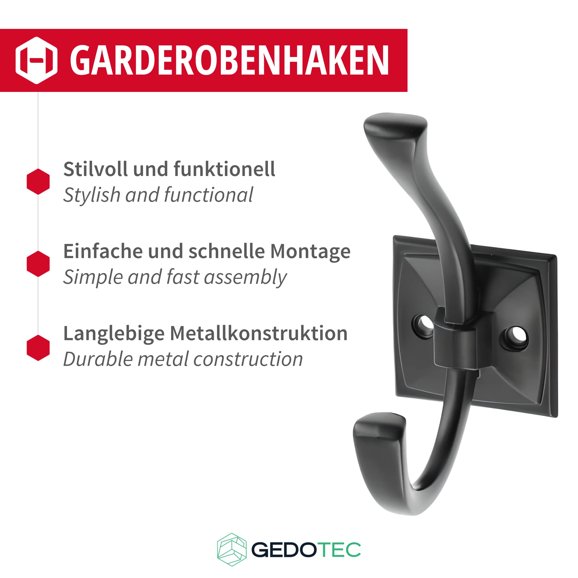 Gedotec Gancio Appendino In Metallo Nero Opaco - 5 Pezzi - Profondità 62 Mm - Design Moderno Per Parete - Ideale Per Corridoio, Bagno, Cucina - Viti Incluse - 2