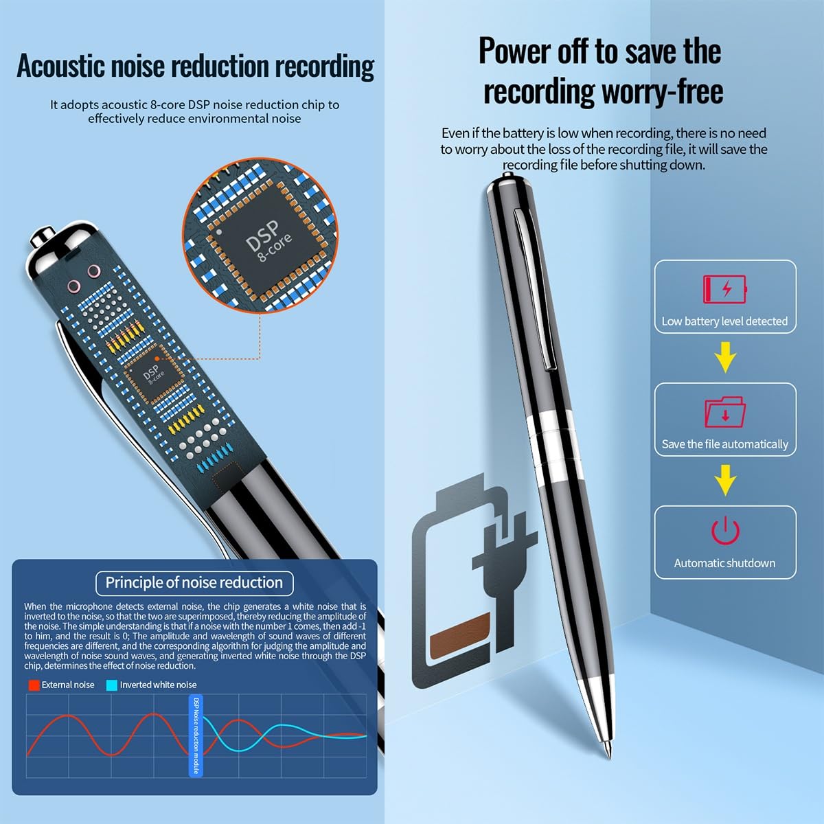 Cyfrowy dyktafon pióro, przenośny dyktafon aktywowany głosem do wykładów, spotkań, z mikrofonem redukcji szumów, mini urządzenie do nagrywania dźwięku + odtwarzacz MP3 (kolor: czarny, rozmiar: 64 GB)