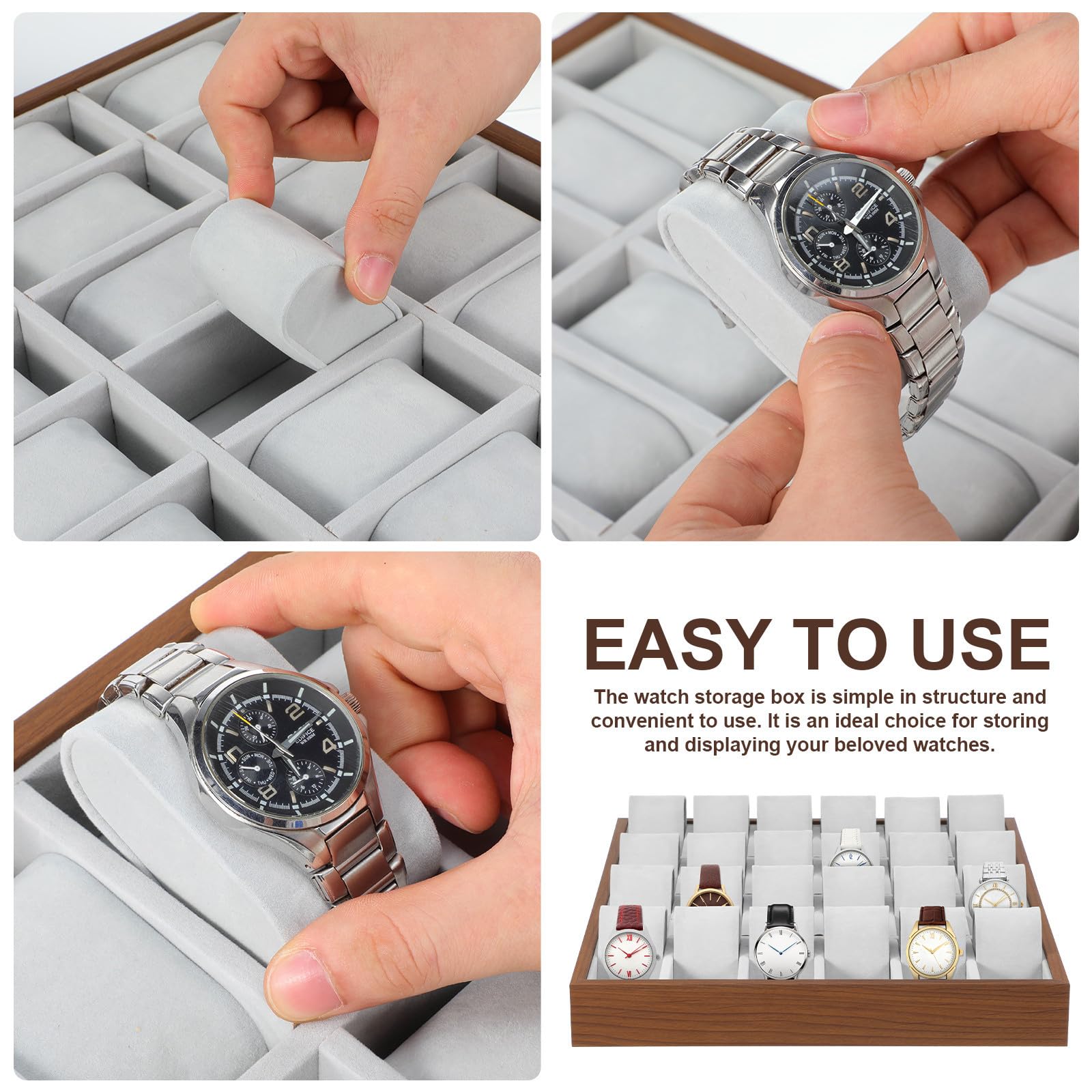 Mikikit Caja para Relojes de Madera Beige 24 Ranuras y Gran Capacidad, Organizador Elegante para Exhibir Relojes y Objetos Pequeños el Hogar