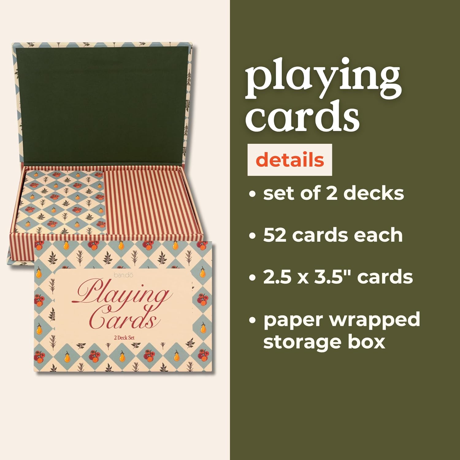 ban.do 2 Decks of Playing Cards, 52-Count Standard Card Deck with Case, Cute Playing Cards in Decorative Storage Box, Garden