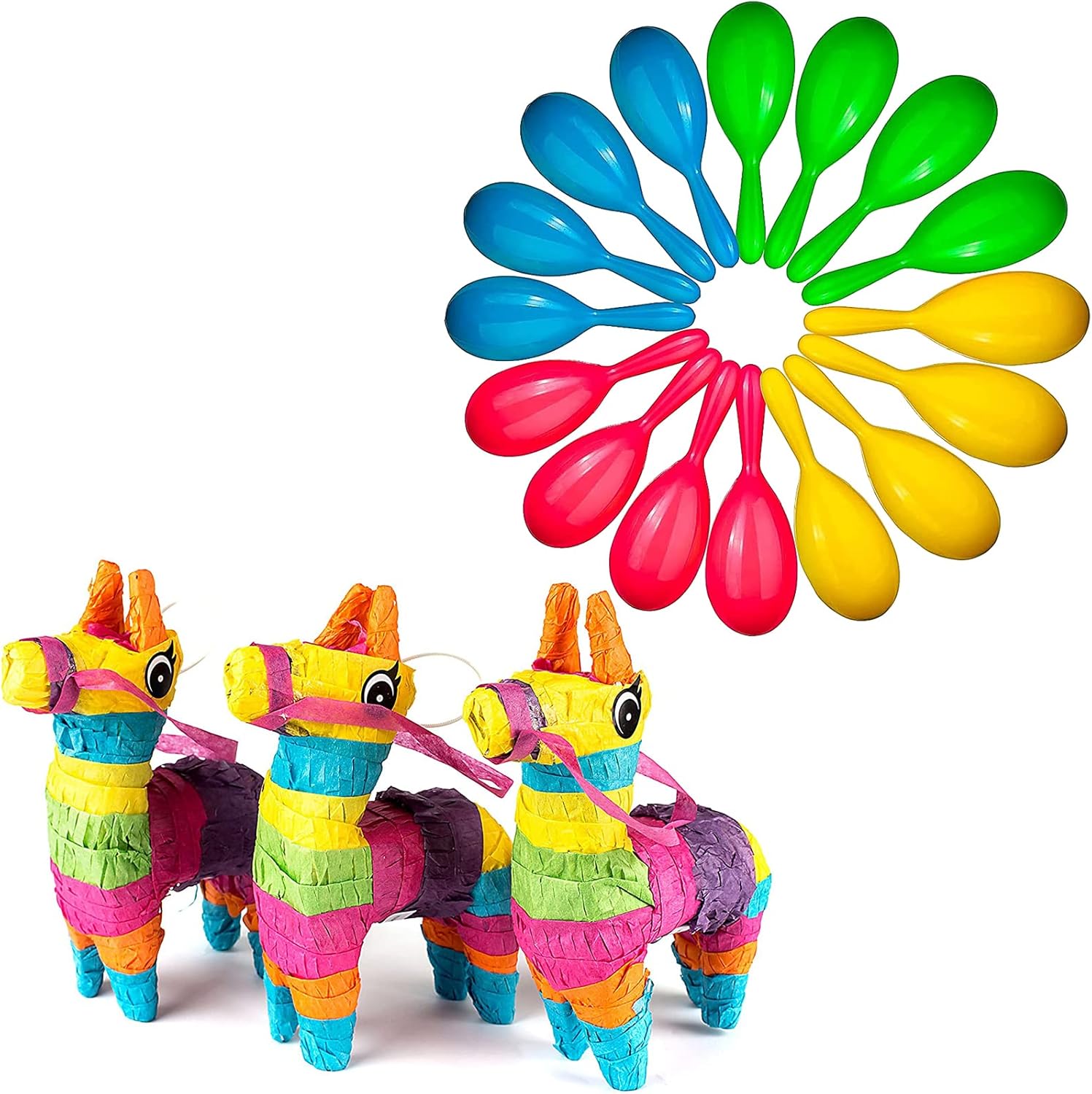 Neliblu Party Favors - Set of 3 Mini Donkey Pinatas - 24 Neon Maracas - Noisemaker for Birthday Parties : Toys & Games