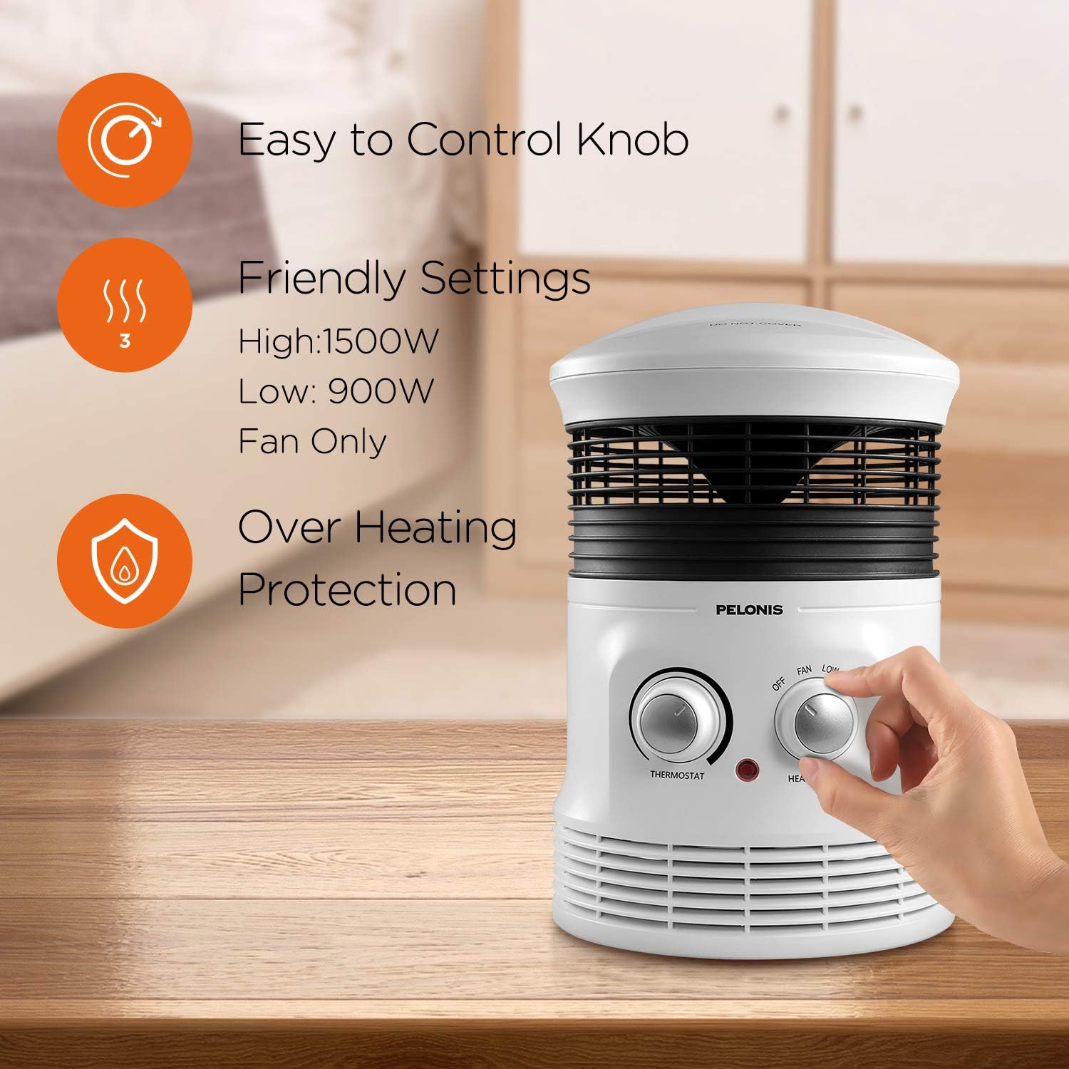 PELONIS PH-17P 1500W Fast Heating, Programmable Thermostat, Easy Control, Widespread Oscillation, Over Heating & Tip-Over Switch Protection, 7.87 x 8.07 x 12.01 inches, White
