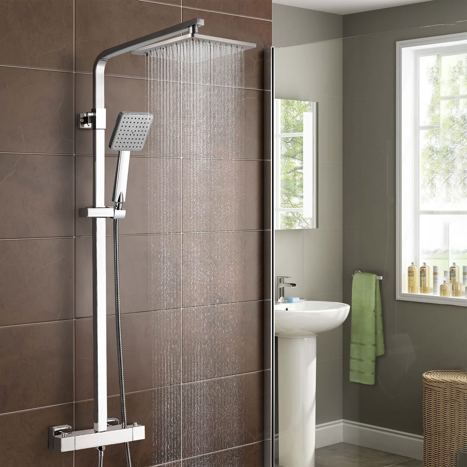 Nes Home Chrome | Siren 2 Outlet Exposed Shower Thermostatic Shower Bar Mixer Valve & Riser Rail Kit Set
