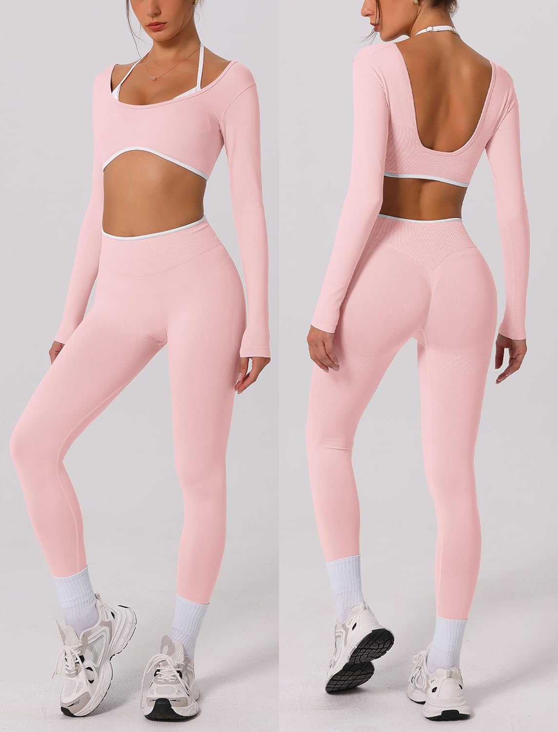 AGYMNX 2 Piece Workout Sets for Women Contrast Panel Long Sleeve Halter Crop Top and High Waist Leggings Jogger Outfits