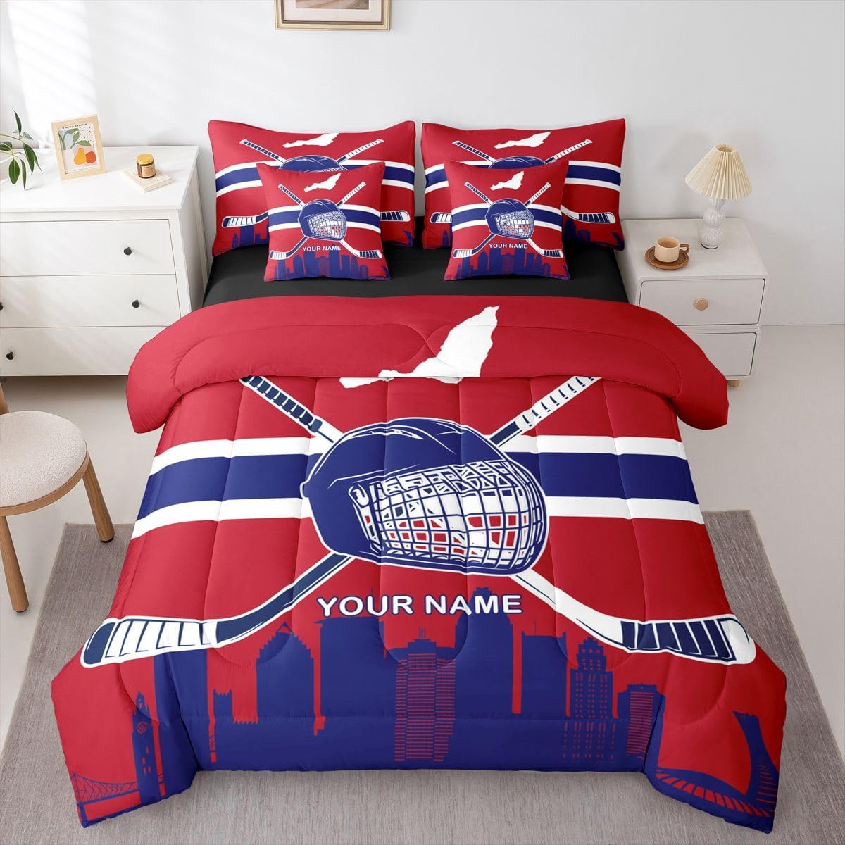 Erosebridal Personalized Queen Comforter Set 7 Pieces,Reversible Bed in a Bag Queen,Queen Bedding Set with Ice Hockey Comforter, Flat Sheet, Fitted Sheet, Pillowcases,Cushion Casess,