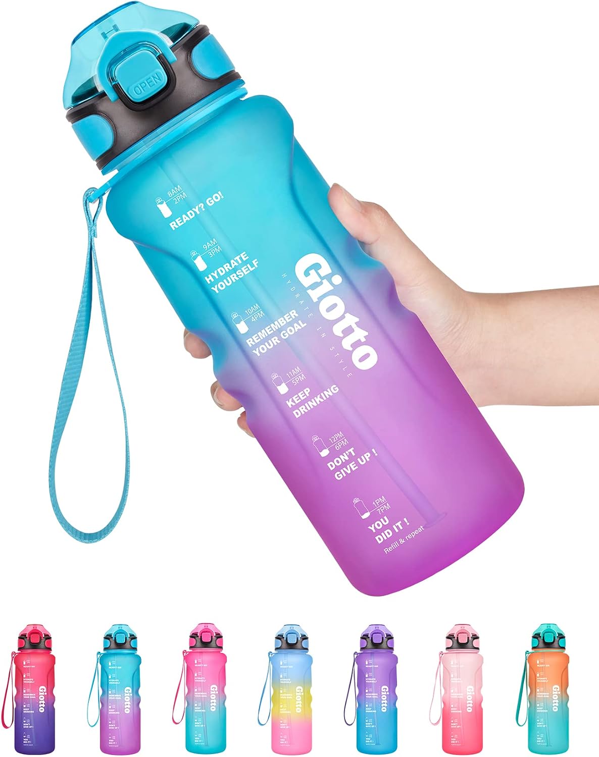 Giotto 32oz Motivational Water Bottle with Time Marker & Straw to EnsureYou Drink Enough Water,Leakproof BPA Free Water Jug Perfect for Fitness Gym & Outdoor Sports