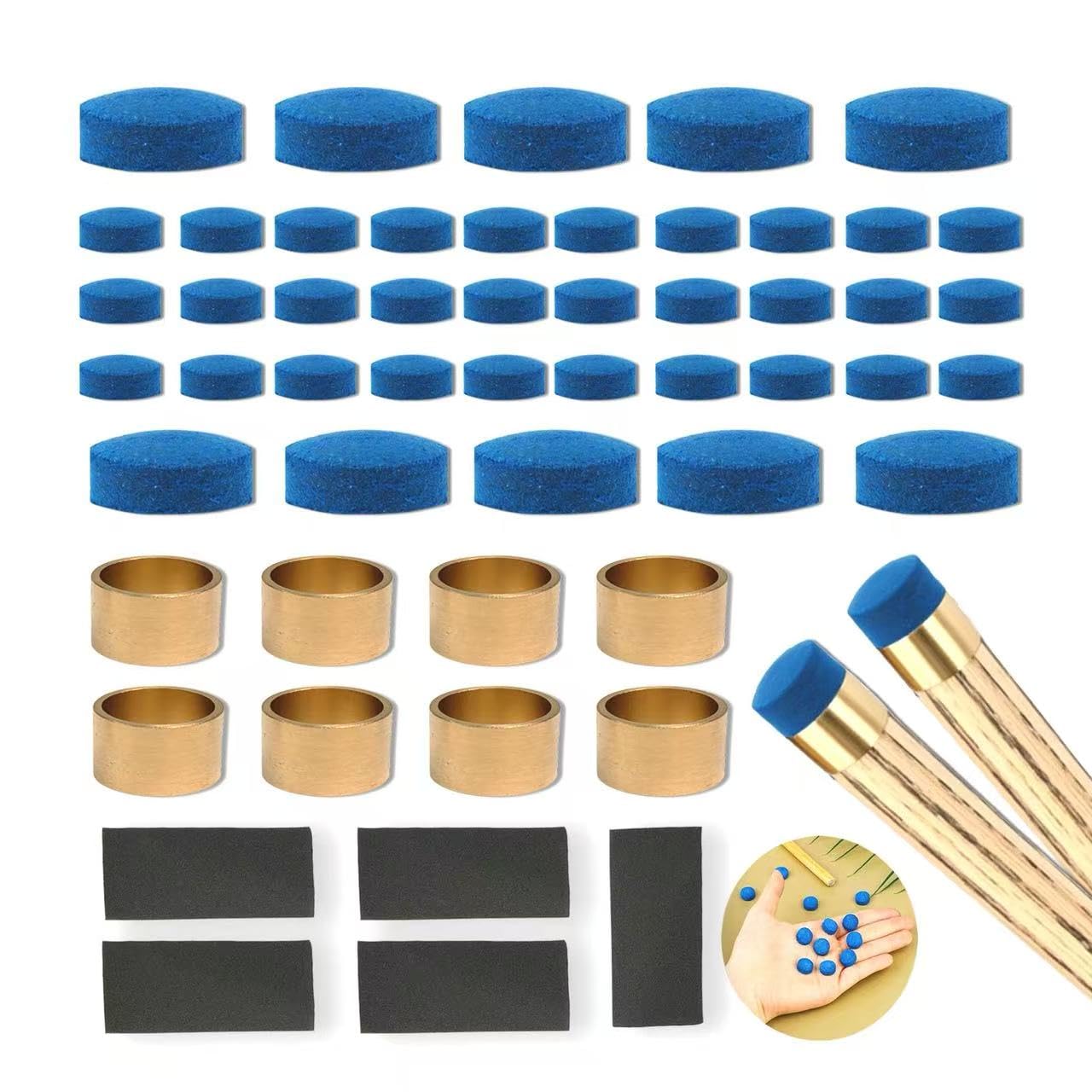 YYMT 53pcs Billiard Queue Tips Set, 9-12mm Leather Cue Tip Replacements + Brass Pool Cue Ferrules + 240-Grit Sandpaper, Billiard Cue Accessories Repair Tool Kit for Pool Snooker Cues (Blue)