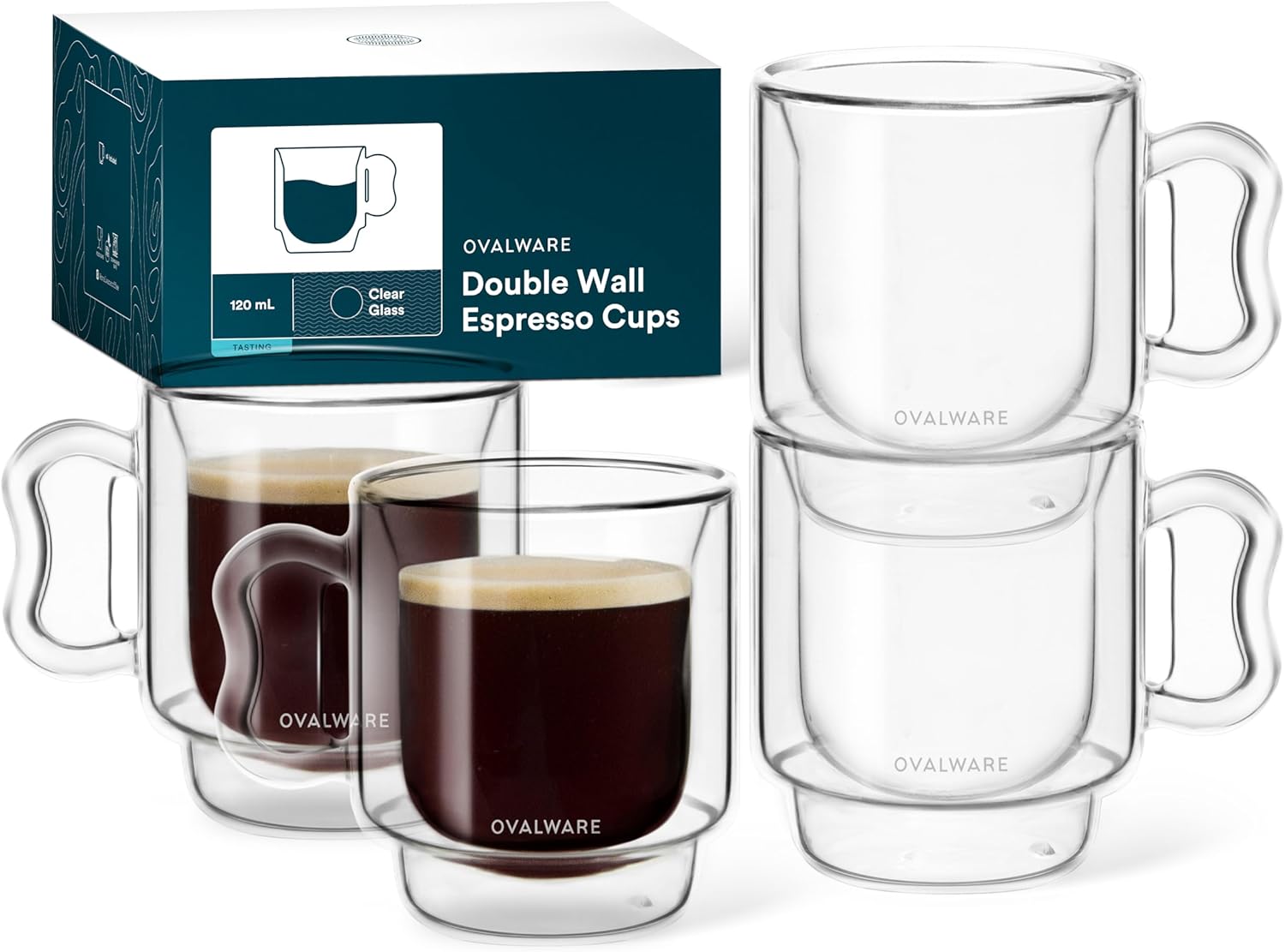ovalware RJ3 Espresso Coffee Cups 4oz/120ml (Set of 2) Double-Walled Cup w/Solid Butterfly Handle - Elegant Borosilicate Espresso Shot Mug - Stackable Insulated Transparent Demitasse
