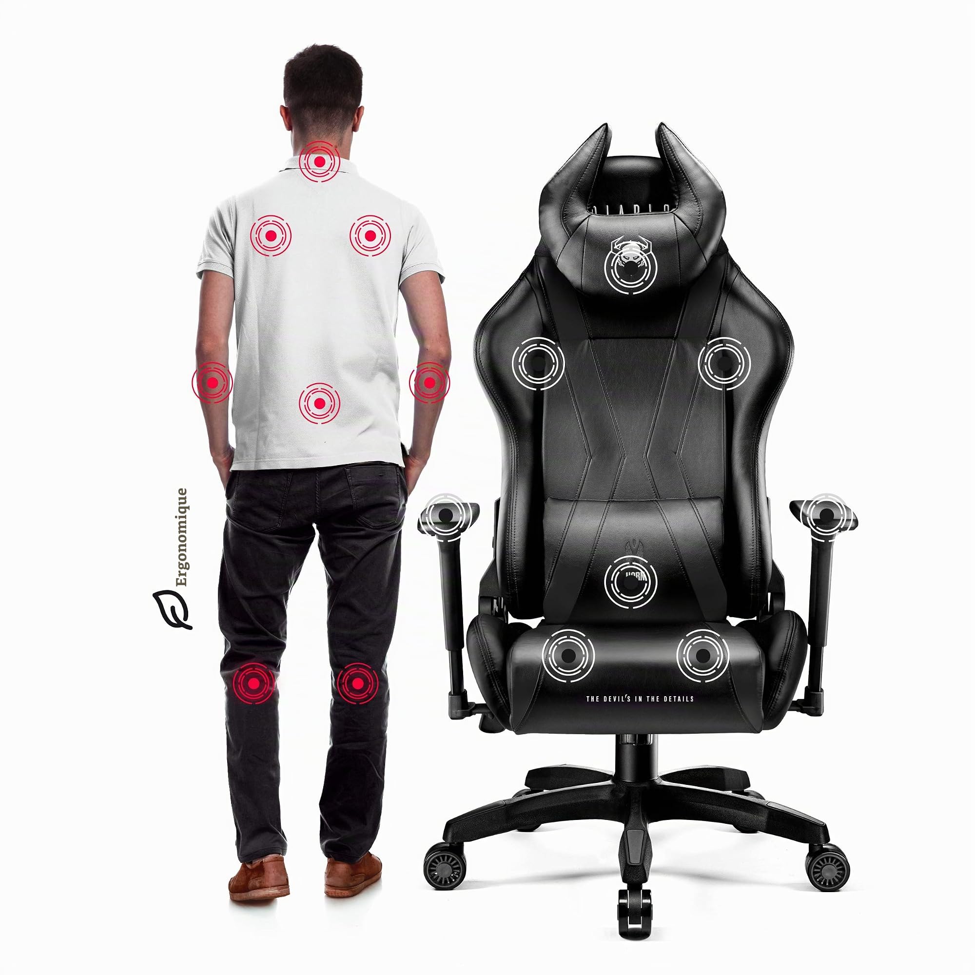 Diablo X-Horn Chaise Gaming Siege Fauteuil Bureau Accoudoirs 3D Design Ergonomique Oreiller Cou Coussin Lombaire Skaï Fonction d'inclinaison Noir Normal (L)