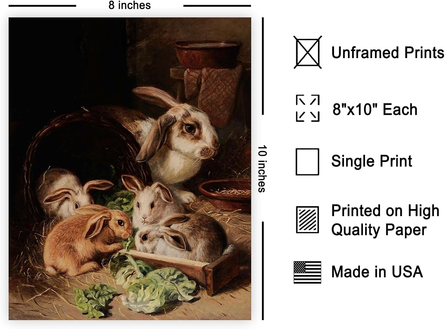Poster Master Vintage Rabbits Painting Poster - Retro A Family Of Rabbits Print - Bunnies Eating Lettuce Art - Moody Design - Animal Lover Decor - Great Farmhouse or Nursery Decor - 8x10 UNFRAMED