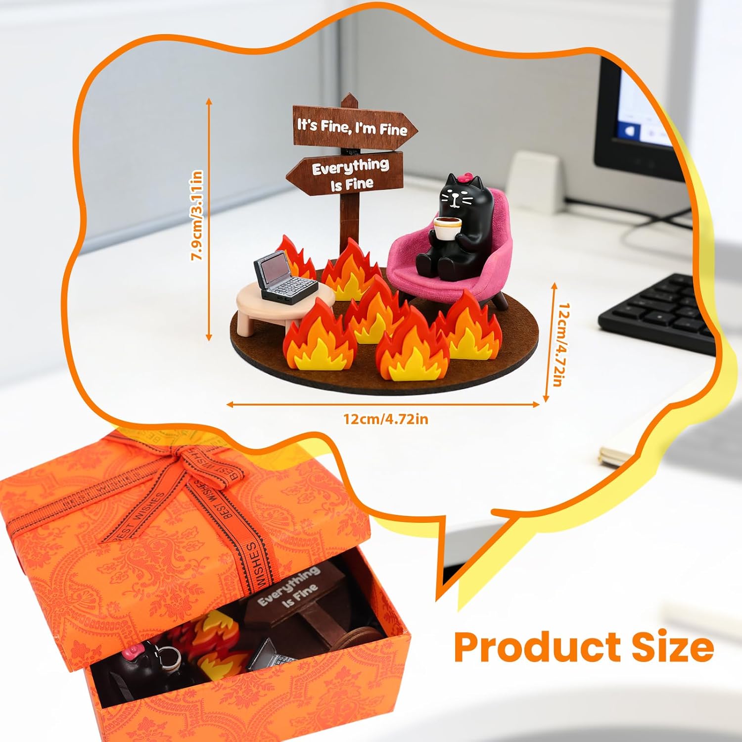 Miniature Cat Figurines Funny Desk Decor, Everything is Fine Meme Desk Figurine, Emotional Support Office Ornament, Stress Relief Gift for Coworkers, Home Workspace Tabletop Decoration