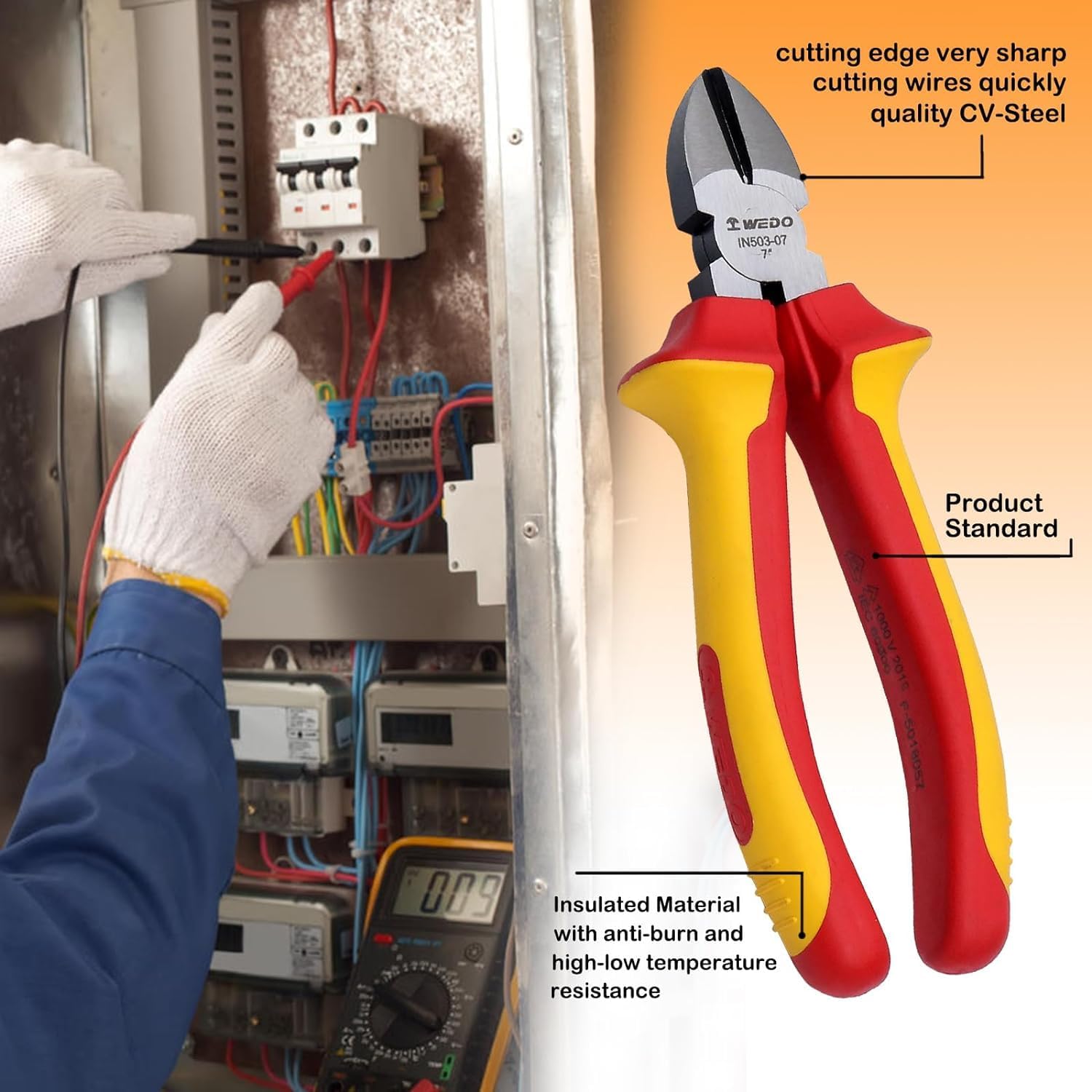 WEDO Insulated Diagonal Cutting Pliers 7", VDE 1000V Side Wire Cutters Injection Pliers, Dual Material Anti-Slip Handles, Jaw Hardness HRC58-63
