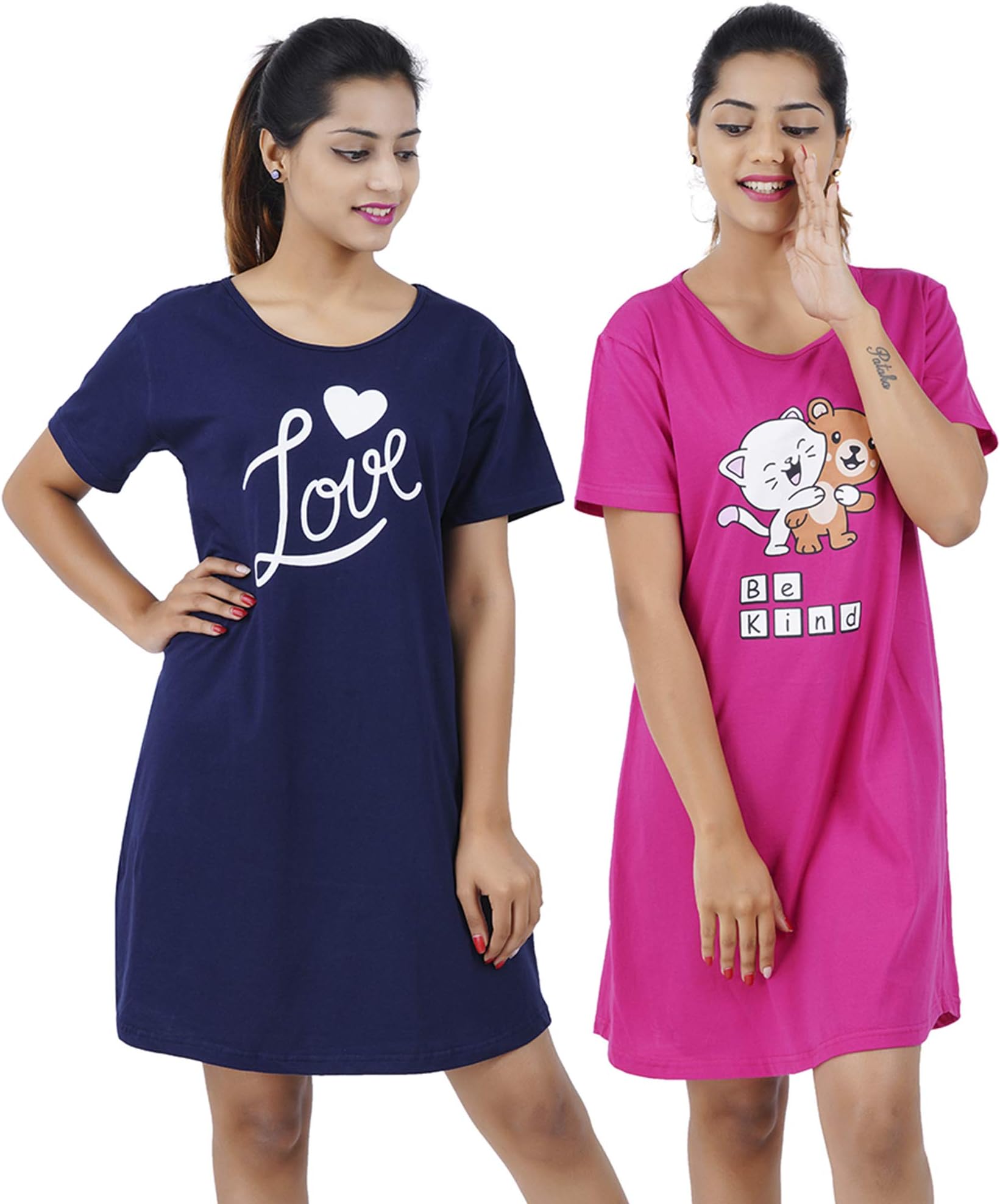 Buy That TrendzPrinted Cotton Short Night Dress for Women 2 Pcs Combo Love Navy Be Kind Rani Pink