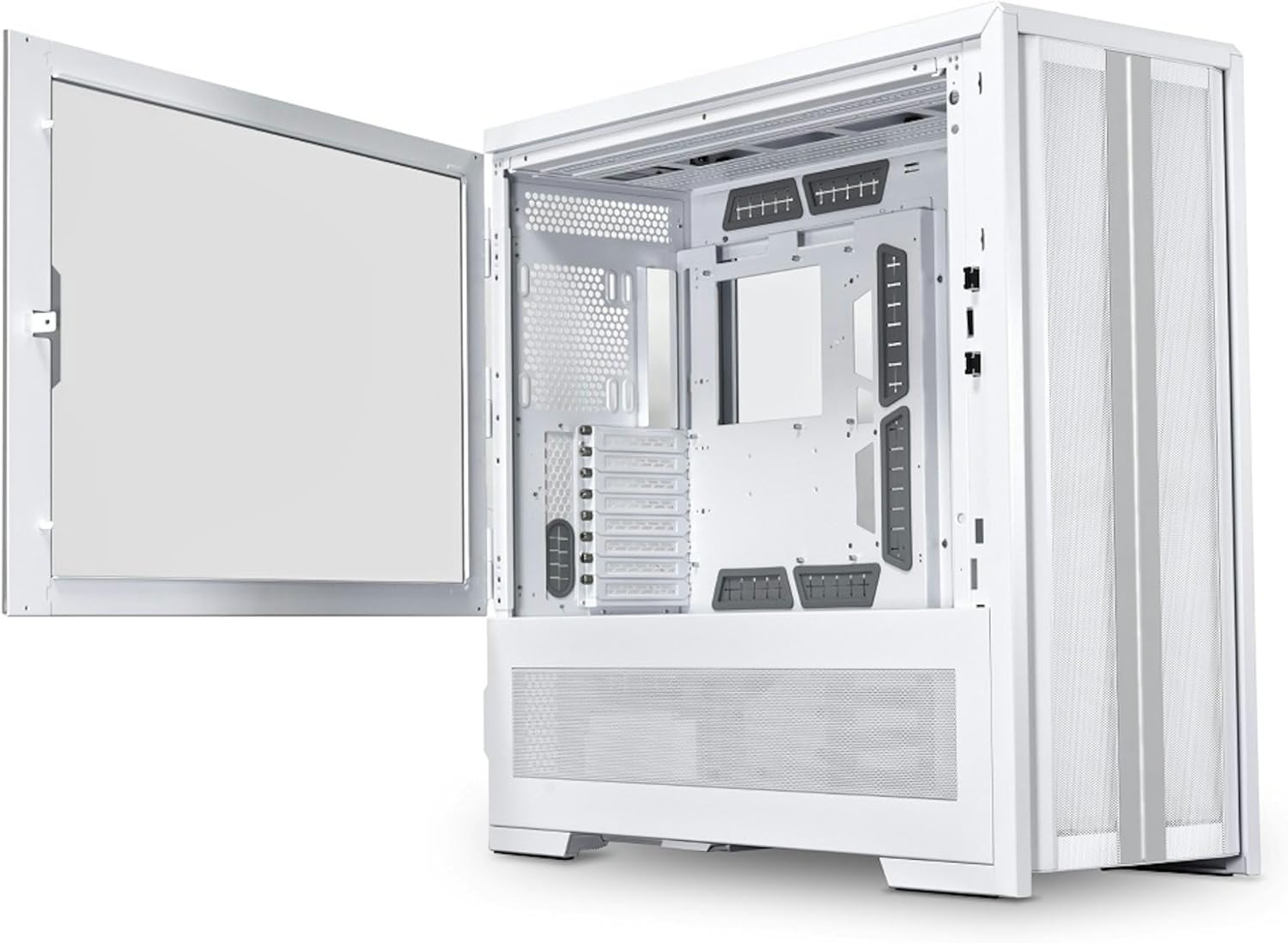 LIAN LI V3000 Plus White case with left tempered glass panel open
