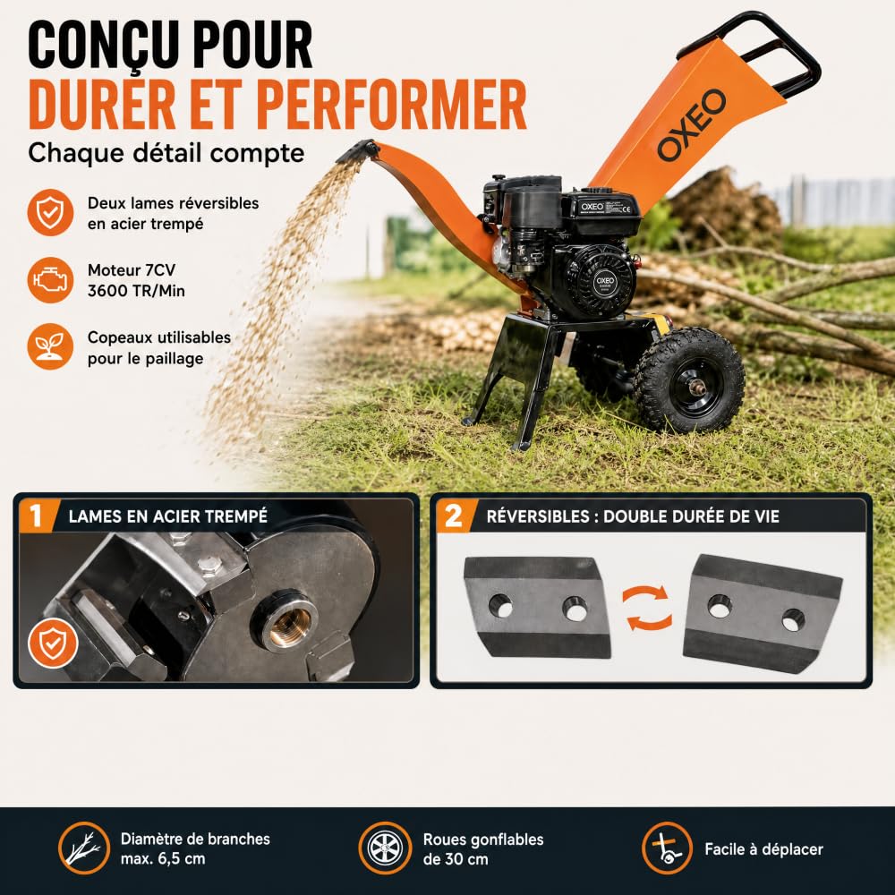 Broyeur de végétaux thermique 212 cm³ – 7 CV – Pour branches 65 mm - Trémie articulée et goulotte orientable