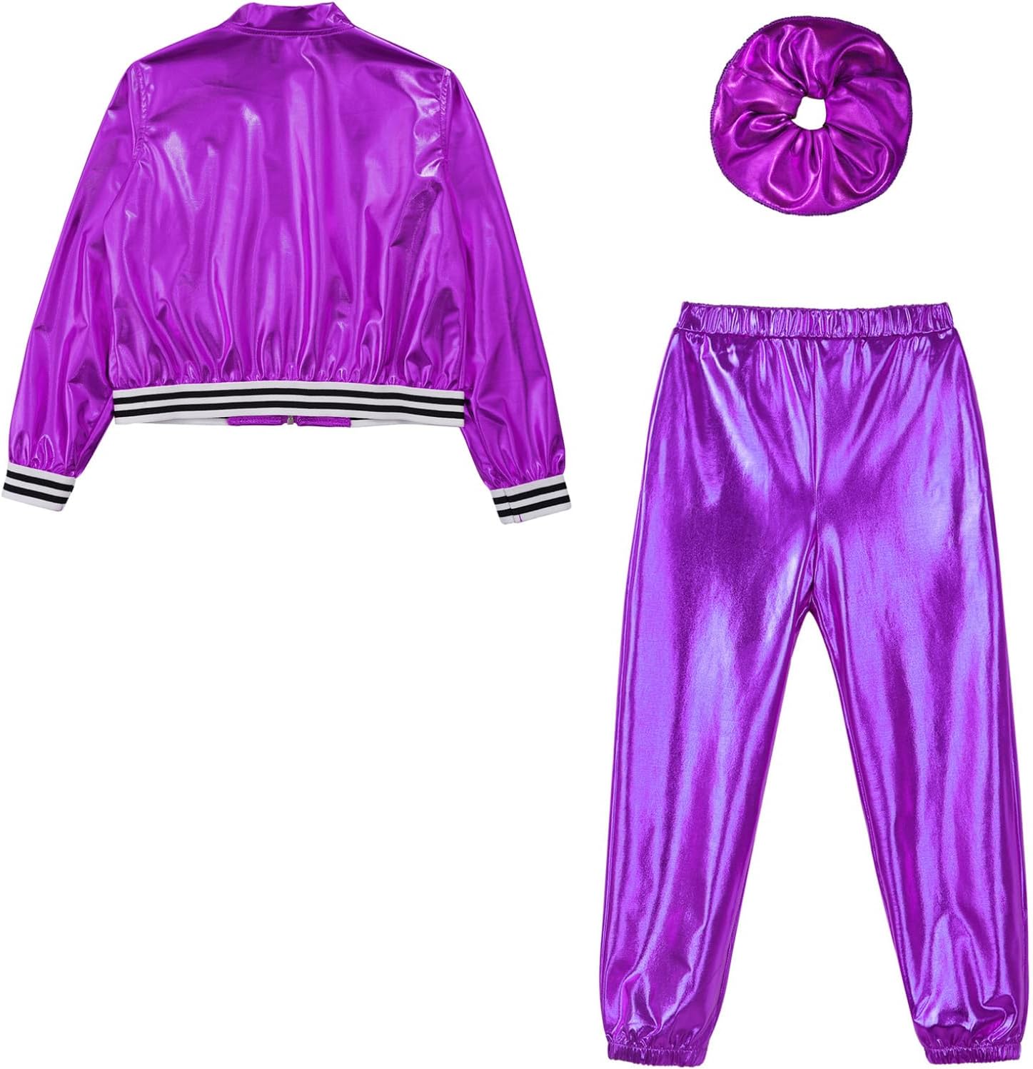 Kaerm Kids Girls 2 Pcs Dance Outfits Dancewear Shiny Metallic Bomber Jacket and Pants with Sweatpants Set for Jazz Hip Hop