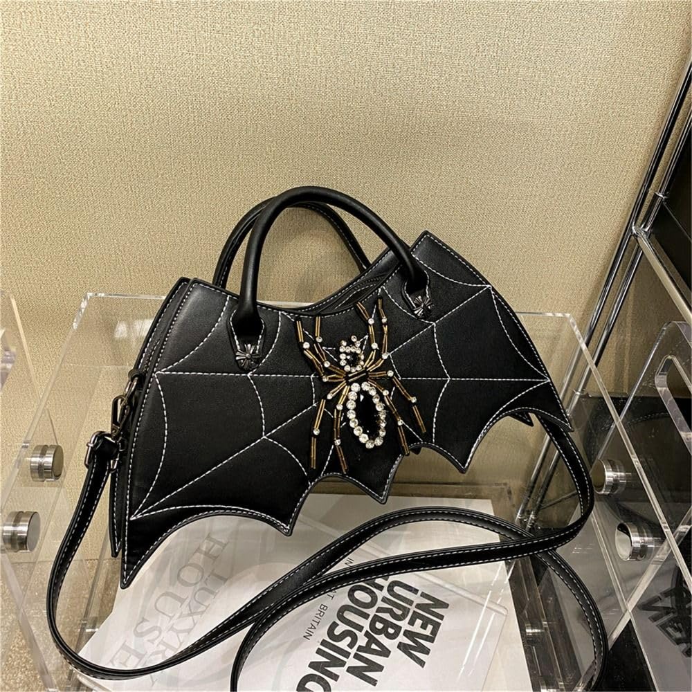Borsa a tracolla con ali di pipistrello, borsa a tracolla in pelle PU con ragnatela divertente gotica da donna