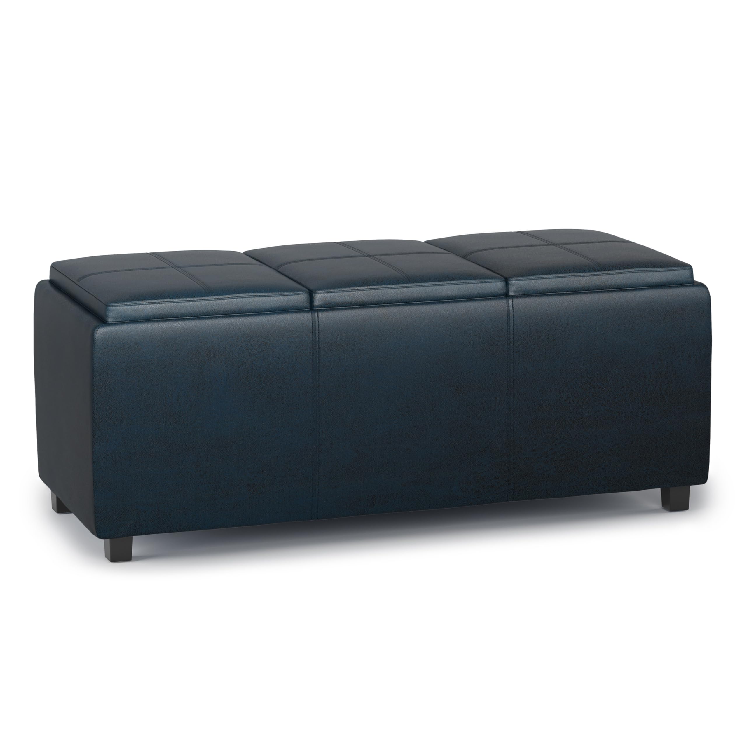 SIMPLIHOME Avalon Storage Ottoman - 42 inch Wide Upholstered Vegan Leather Rectangular Flip-Top Ottoman in Distressed Dark Blue, Contemporary Coffee