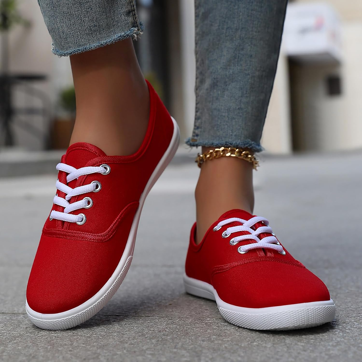 Women's Canvas Lace Up Sneaker Casual Low Top Sneakers Fashion Womens Tennis Shoes with Padded Insole Fashionable Comfortable and Versatile Solid Color Canvas Flat for Everyday Wear - Image 6