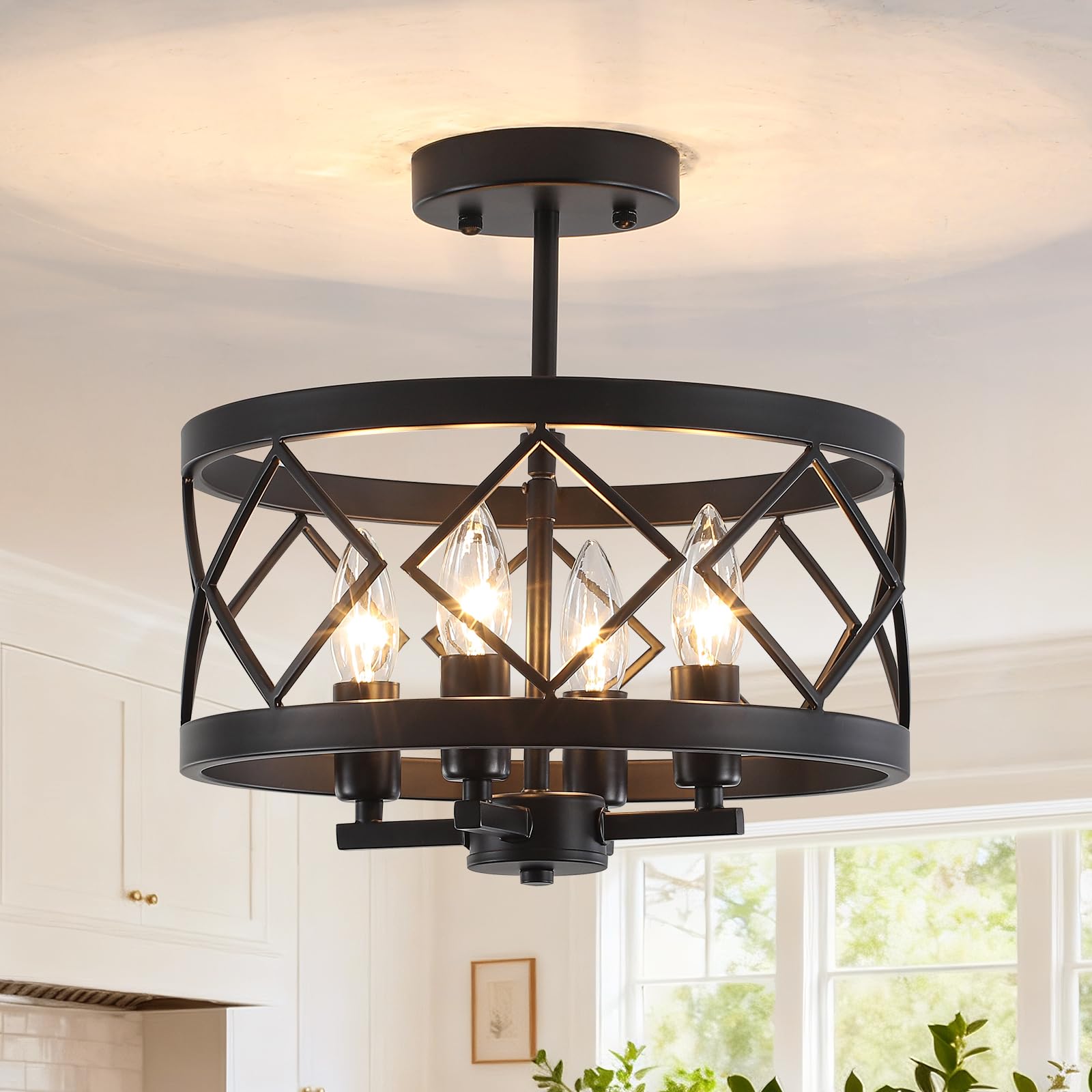 Modern Black Ceiling Light, 4-Light Semi Flush Drum Shade Chandelier Design