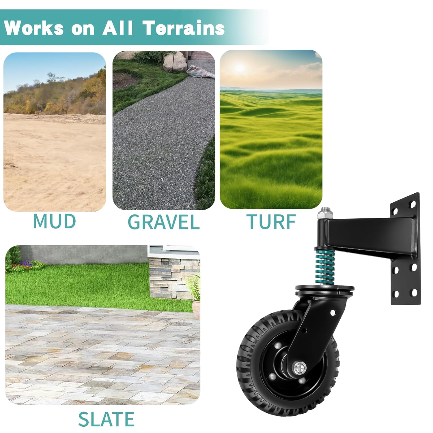 Gate Wheel 6-Inch Heavy Duty Fence Gate Wheels for Wooden Gate and Metal Tube Gate, 550lb Capacity, Spring-Loaded 360 Degree Rotation Gate Caster Kit Includes Screws and Screwdriver