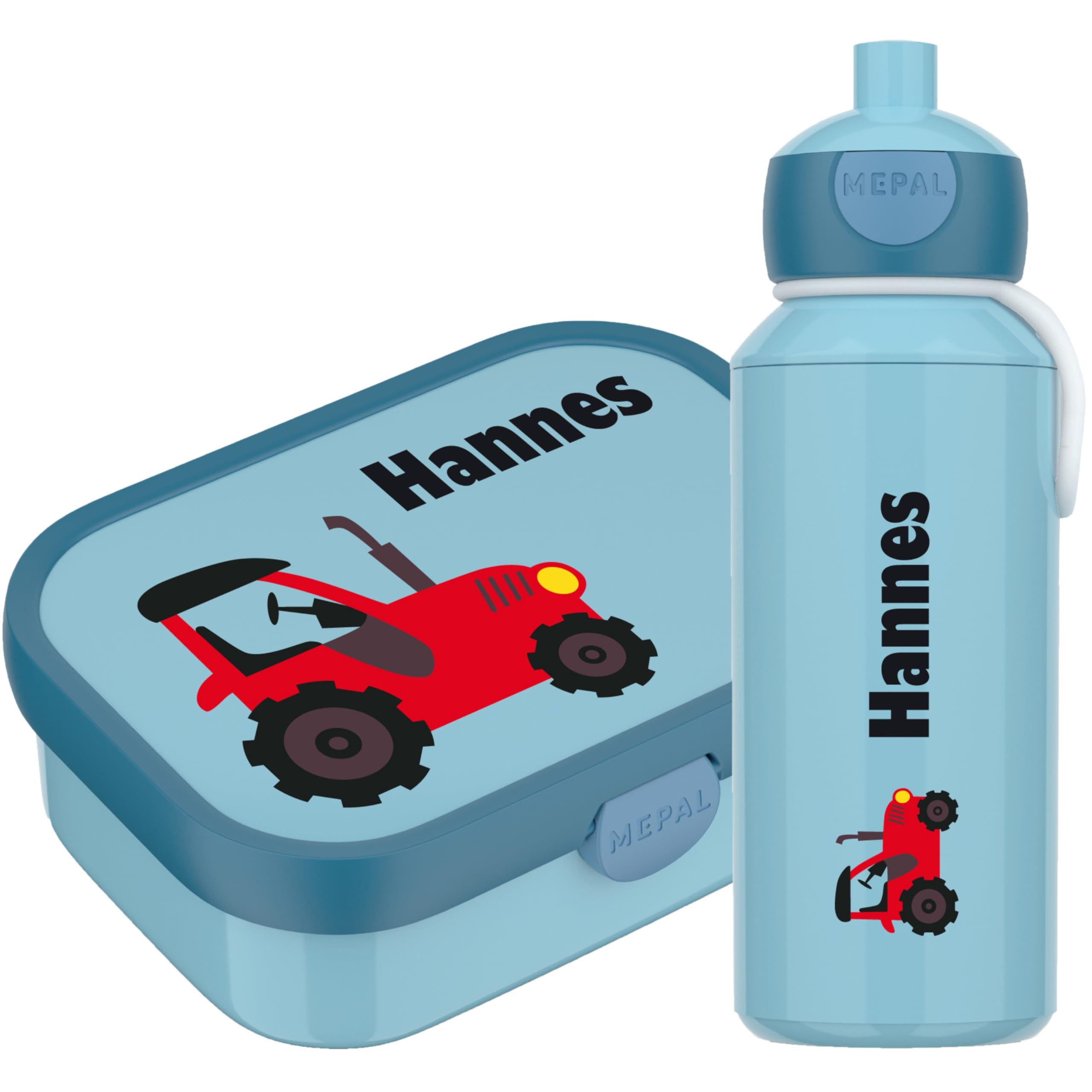 4youDesign SET: blaue Brotdose mit Fächern &Trinkflasche -Trecker- personalisiert mit Namen I Campus mit Bento-Box & Gabel für Jungen & Mädchen, Traktor (Cool Blue)