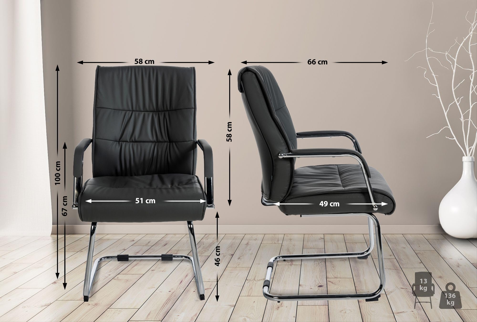 CLP Chaise Visiteur Sievert en Similicuir avec Accoudoirs | Fauteuil Luge sur Pičtement en Métal I Assise Et Dossier Rembourrés, Couleur:Noir