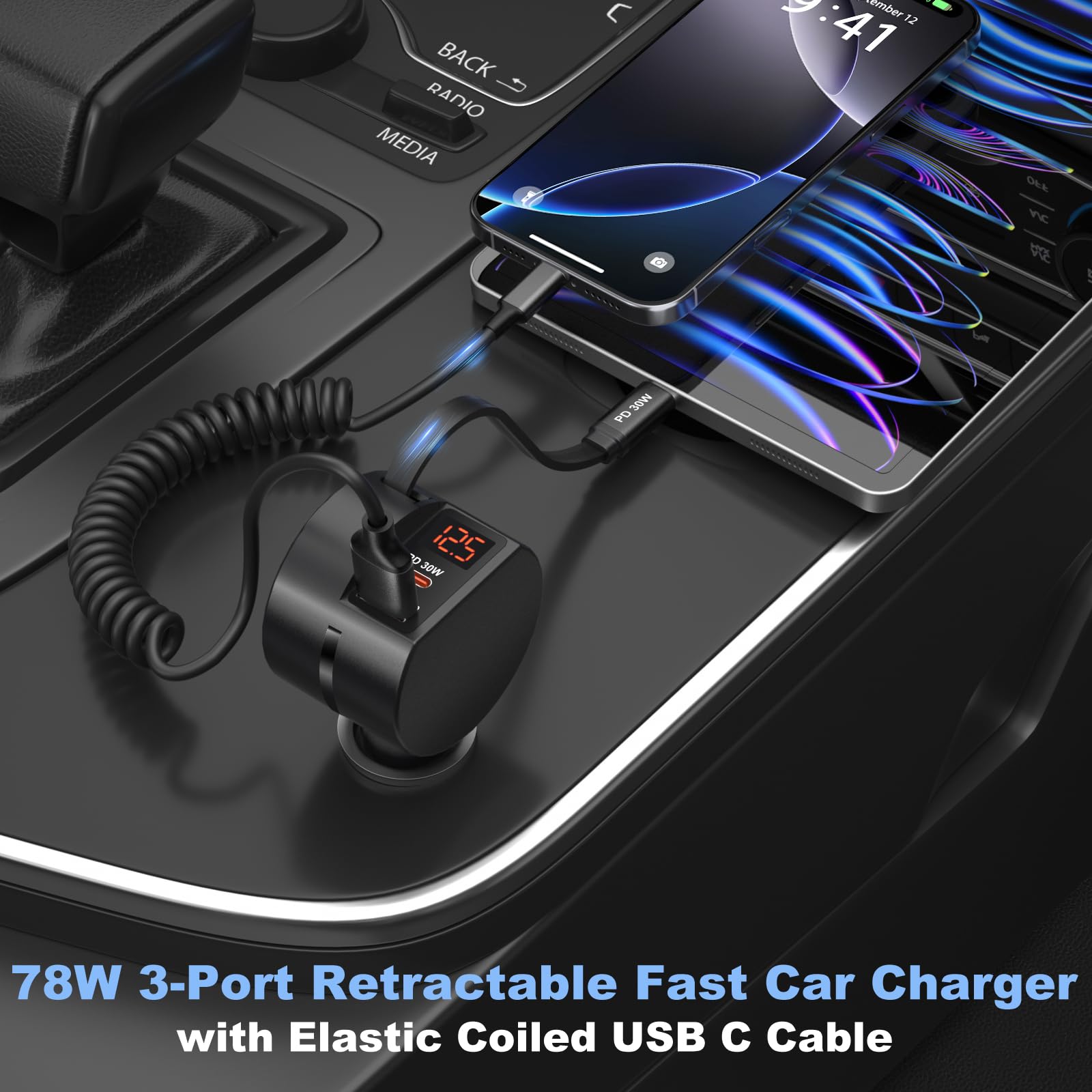 OKRAY Paquete de 2 cargadores retráctiles de coche de 78 W y 3 puertos con 2 cables de carga USB C en espiral