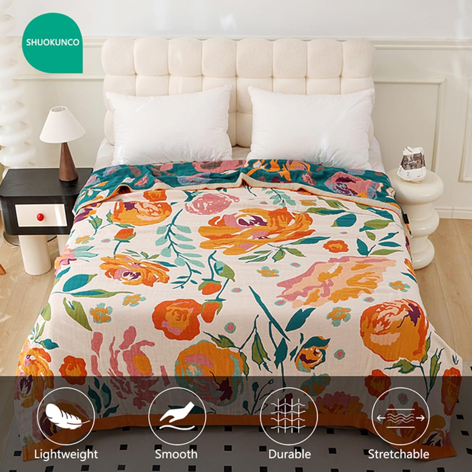 Boho Throw Blanket for Bed 100% Cotton Ultra Soft Rustic Quilt Floral Printed Farmhouse Decor Fall Bed Blankets,60"×80" All Season Rustic Large Throw for Sofa Couch Chair - Image 3