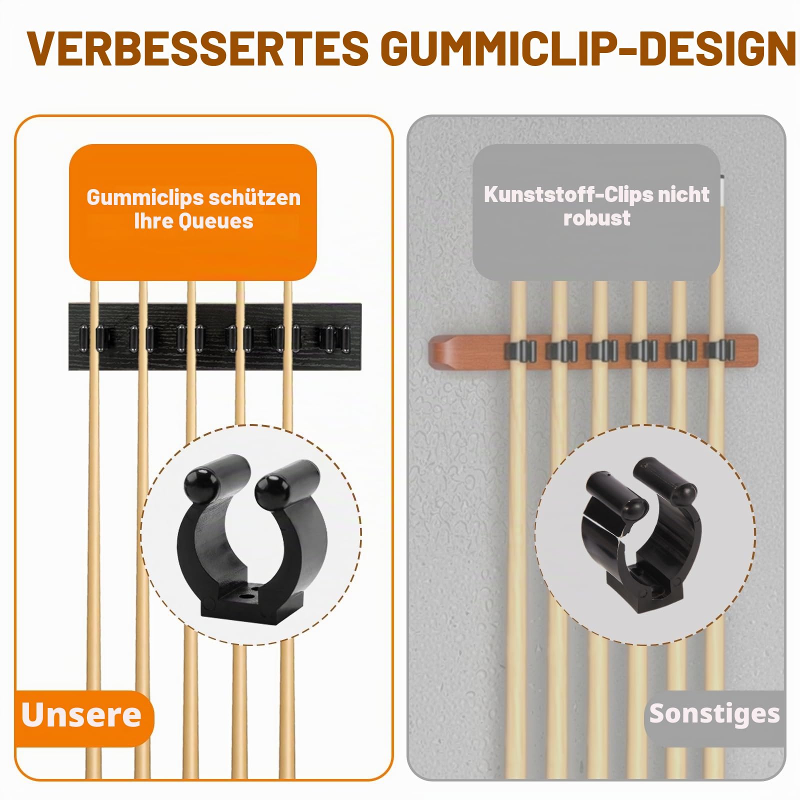 Wandmontierter Billardqueuehalter aus Hartholz für 6 Queues - Platzsparendes Billard Queue Rack als Aufbewahrung für Billardzubehör, rustikaler Billard Queue Halter für Ihr Billardzimmer, Schwarz