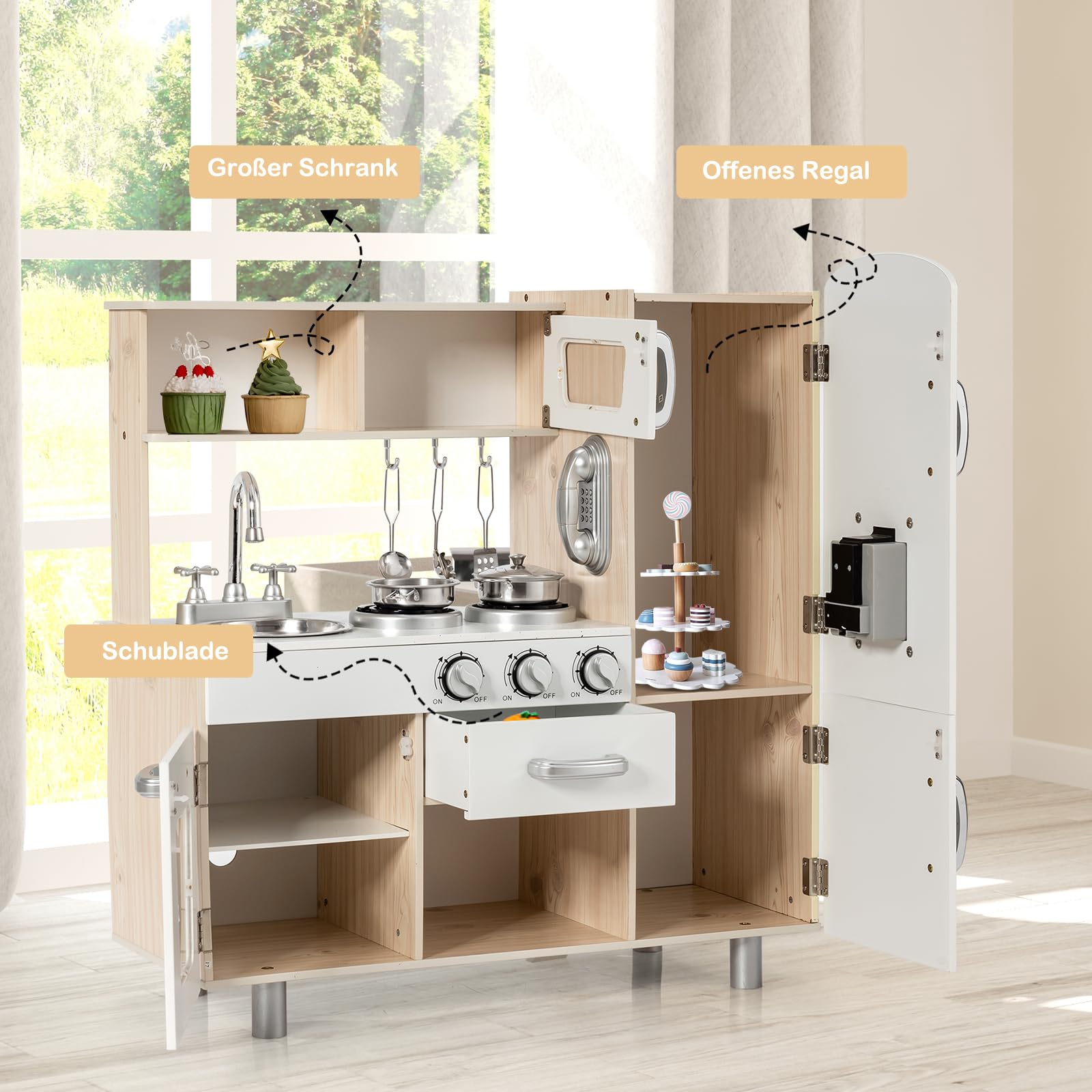 COSTWAY Kinderküche mit Zubehör, Spielküche mit Licht & Sound, Holzküche inkl. Telefon Herd Kühlschrank Mikrowelle, Kinder Küche mit Abnehmbarer Spüle, Spielzeugküche für Kinder ab 3 Jahren