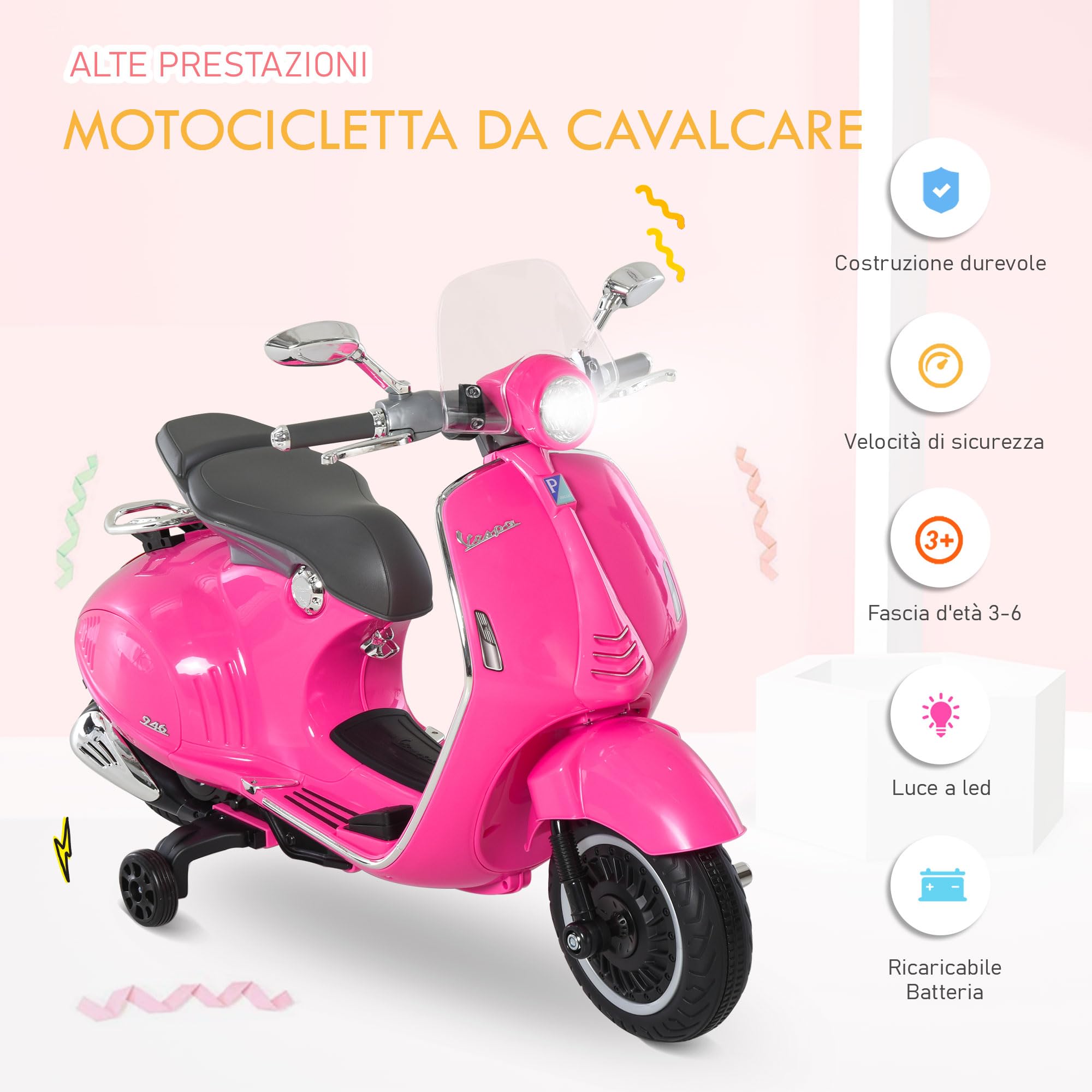 HOMCOM Vespa Elettrica per Bambini con 2 Rotelle, Luci e Suoni, Moto Elettrica per Bambini 3+ Anni, Moto Giocattolo in PP e Acciaio, 108x49x75 cm, Rosa