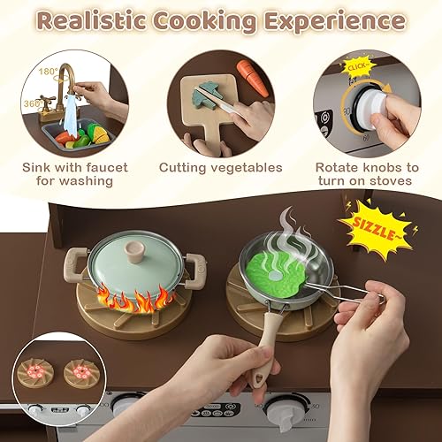 Miniatura 3 de Costzon Cocina de juego de esquina con luz y sonido reales, carrito extraíble, cubos de tela, estufas, máquina de hielo, microondas, horno, juego de