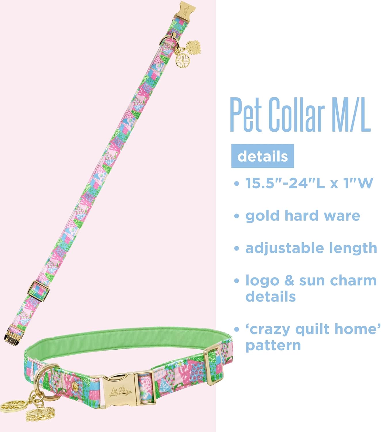 Lilly Pulitzer Pet Collar, Cute Printed Pet Adjustable Nylon Dog Collar with Gold Metal Buckle and Charms (Crazy Quilt Home) (Medium/Large)