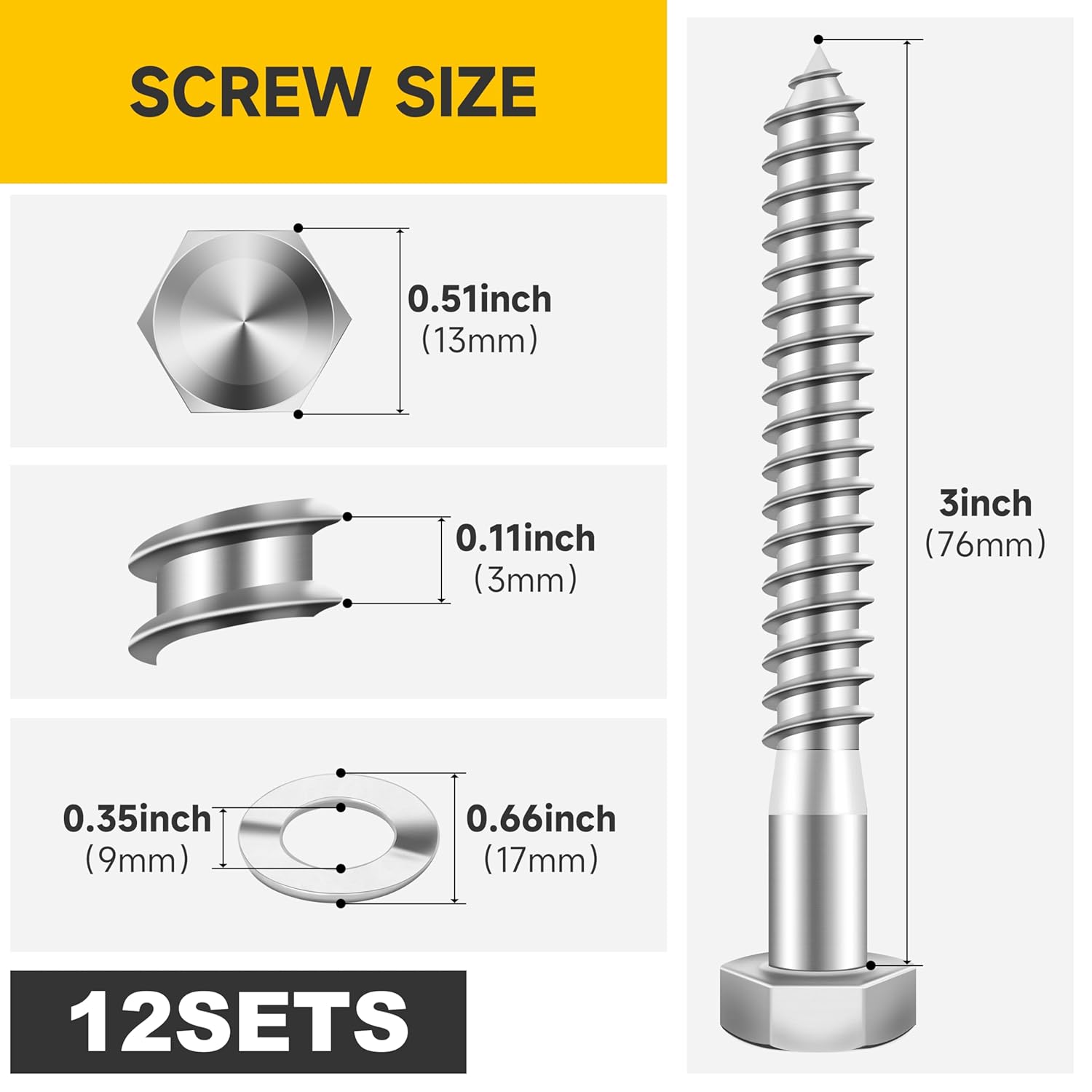(16Sets) 1/2" x 6" Hex Head Lag Bolts, Heavy Duty Lag Screws with Washers, 304 Stainless Steel Bolts 18-8, Lag Screws Wood Screws, Partial Thread Bright Finish, 1/2 Bolt by Mywish