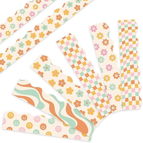 Whaline Bordes de tablero de anuncios retro Groovy de los años 70 de 82 pies, diseño de cara de flores pastel, decoración a cuadros, bordes