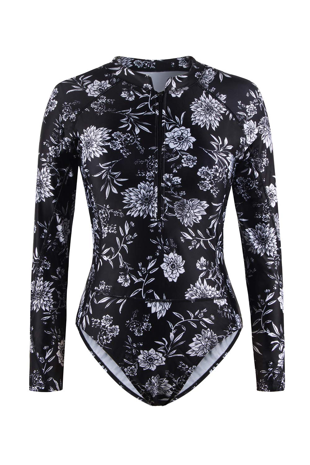 Viottiset Women's Floral Pad One-Piece Swimsuit Rash Guard Shirt Black1 2XL