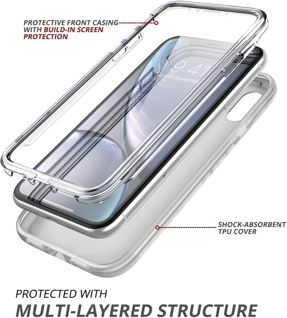 SURITCH Case for iPhone XR, [Built-in Screen Protector] Natural Marble Full-Body Protection Shockproof Rugged Bumper Protective Cover Compatible with iPhone XR 6.1 Inch (Black Marble)