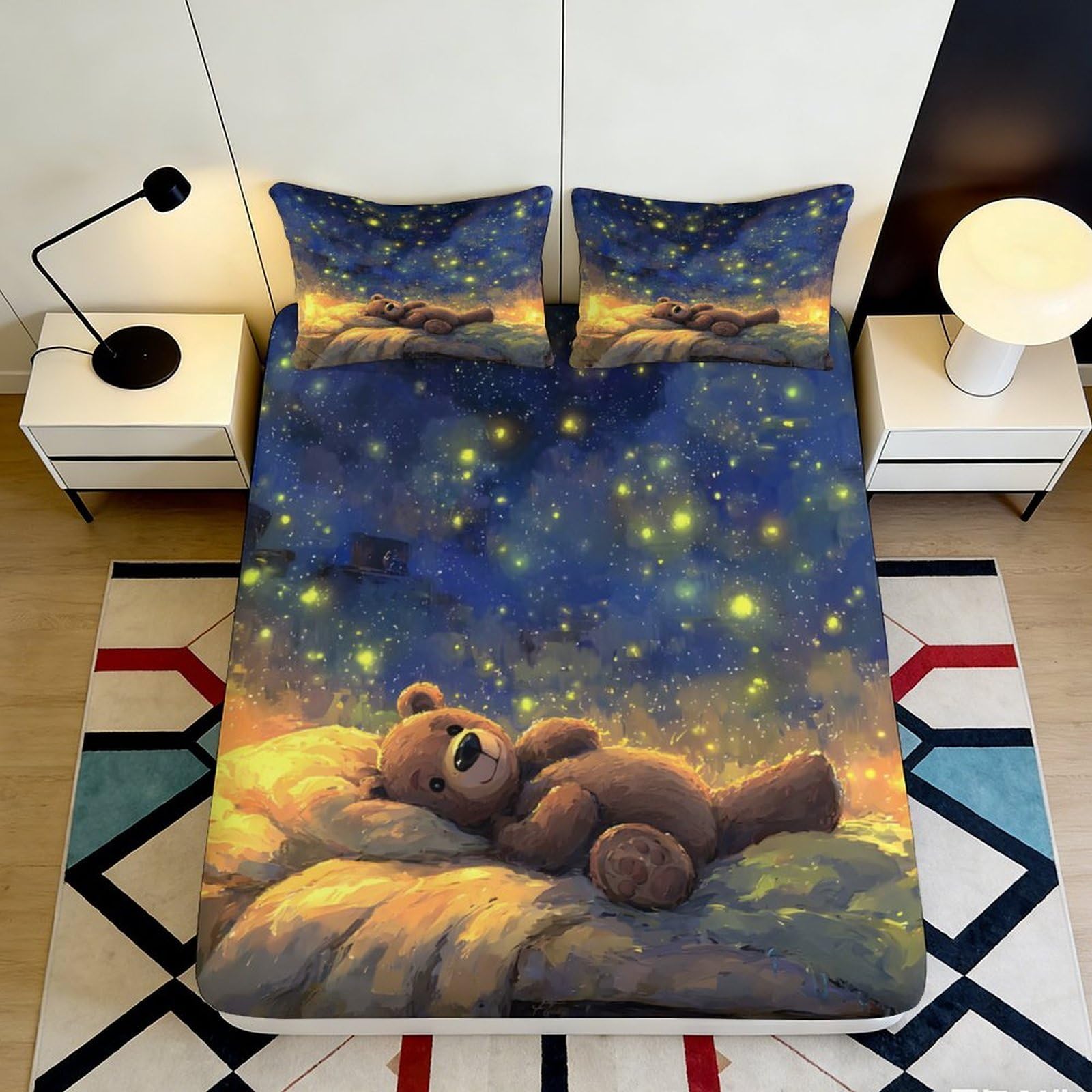 3D Printed Starry Night Bear Fitted Sheet Microfiber Soft Anti-Slip Mattress Cover for Bedroom Dorm Mattress Protection 160x200x25cm