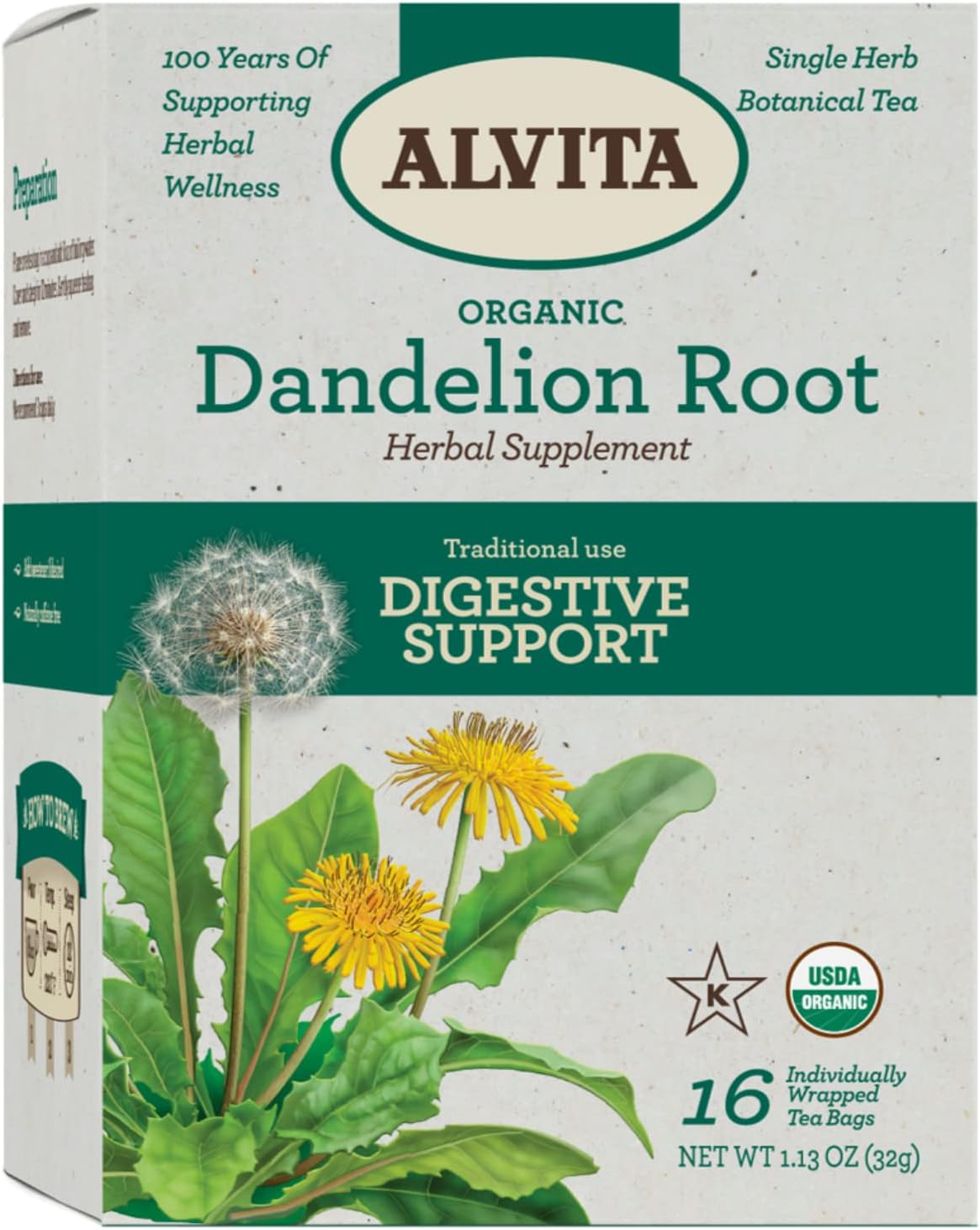 Alvita Organic Dandelion Root Tea, Roasted Dandelion Tea Bags for Detox, Immunity Boost, Liver Function & Digestive Health, Coffee Substitute, 16 Bags