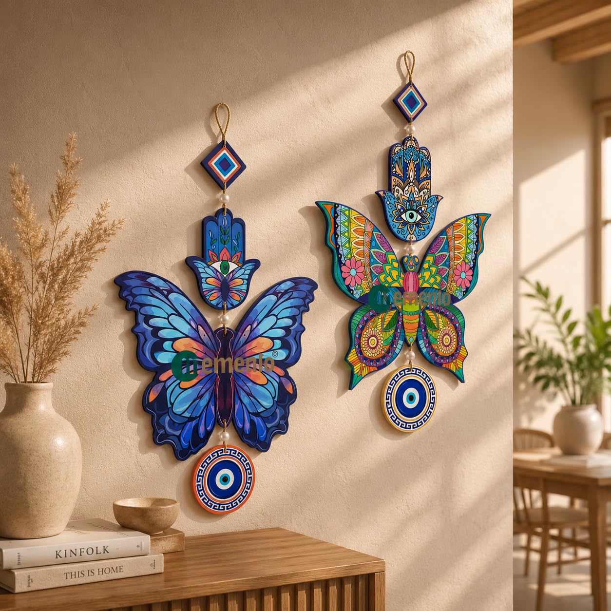 Memento Wooden Evil Eye Butterfly & Hamsa Hand Wall Hanging for Home Decor | Boho Wall Art Decor for Living Room Bedroom Entrance Office | Decorative Door Hanging Gift Item Set-image-42