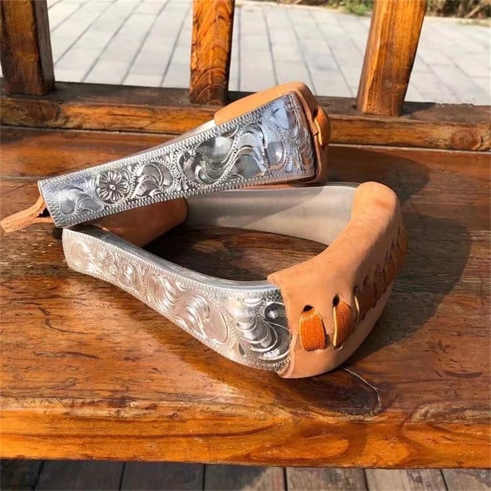 UNISTRENGH Western Horse Saddle Stirrups Aluminum Leather Tread Patterns Engraved for Equestrian Sports Saddles Accessories