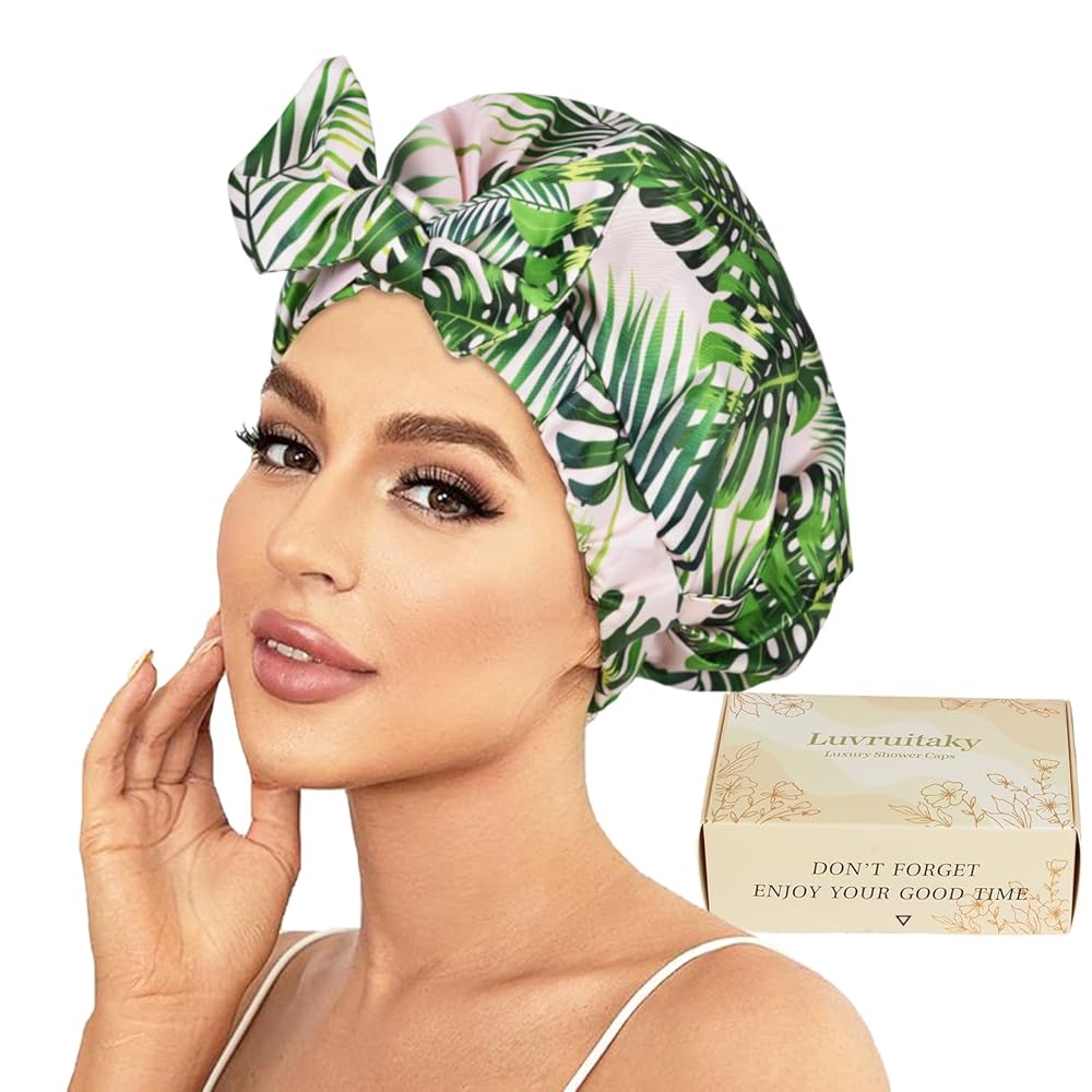 Luvruitaky Shower Cap Luxury Shower Caps for Women Reusable Waterproof Hair Cap for Shower with Adjustable Bowknot Hair Bath Cap (Green Palm)