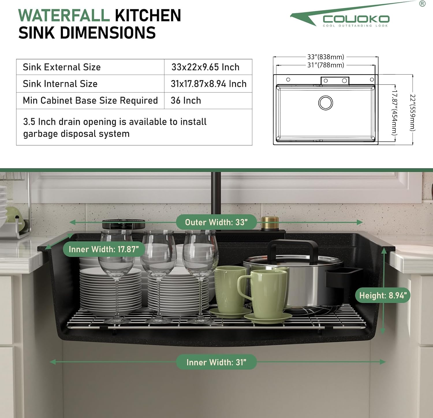 33x22 Drop In Waterfall Kitchen Sink Black Granite Composite Smart Kitchen Sink Multifunction Single Bowl Top Mount Black Multifunctional Waterfall Smart Sinks with Faucet Combo Glass Rinser