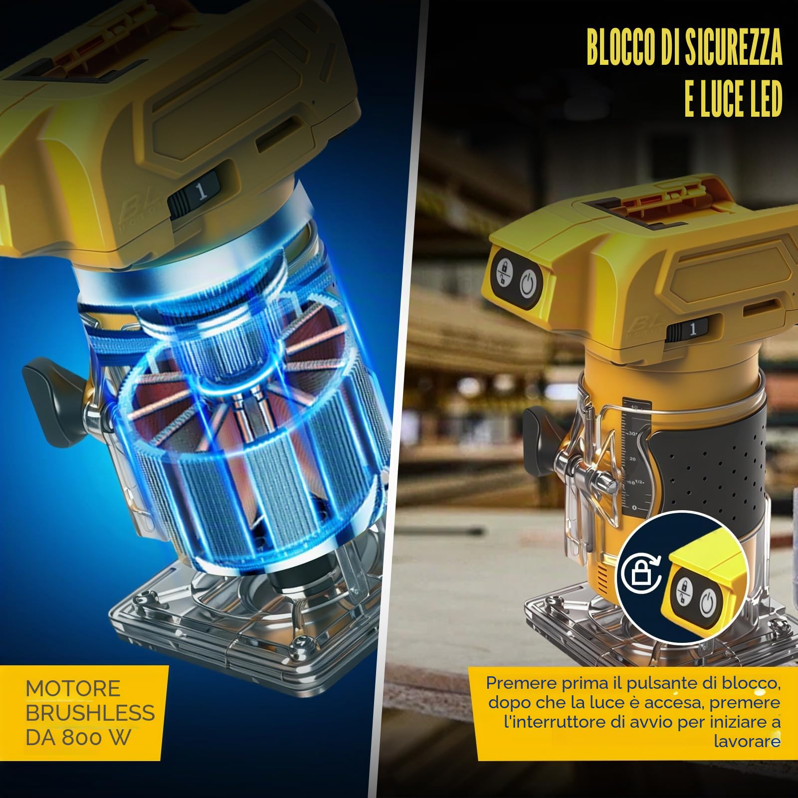 WingFly Fresatrice per Bordi a Batteria per Dewalt 18 V, 20 V, Fresa a mano senza spazzole per la lavorazione del legno, taglierina a batteria con 15 pezzi (senza batteria)