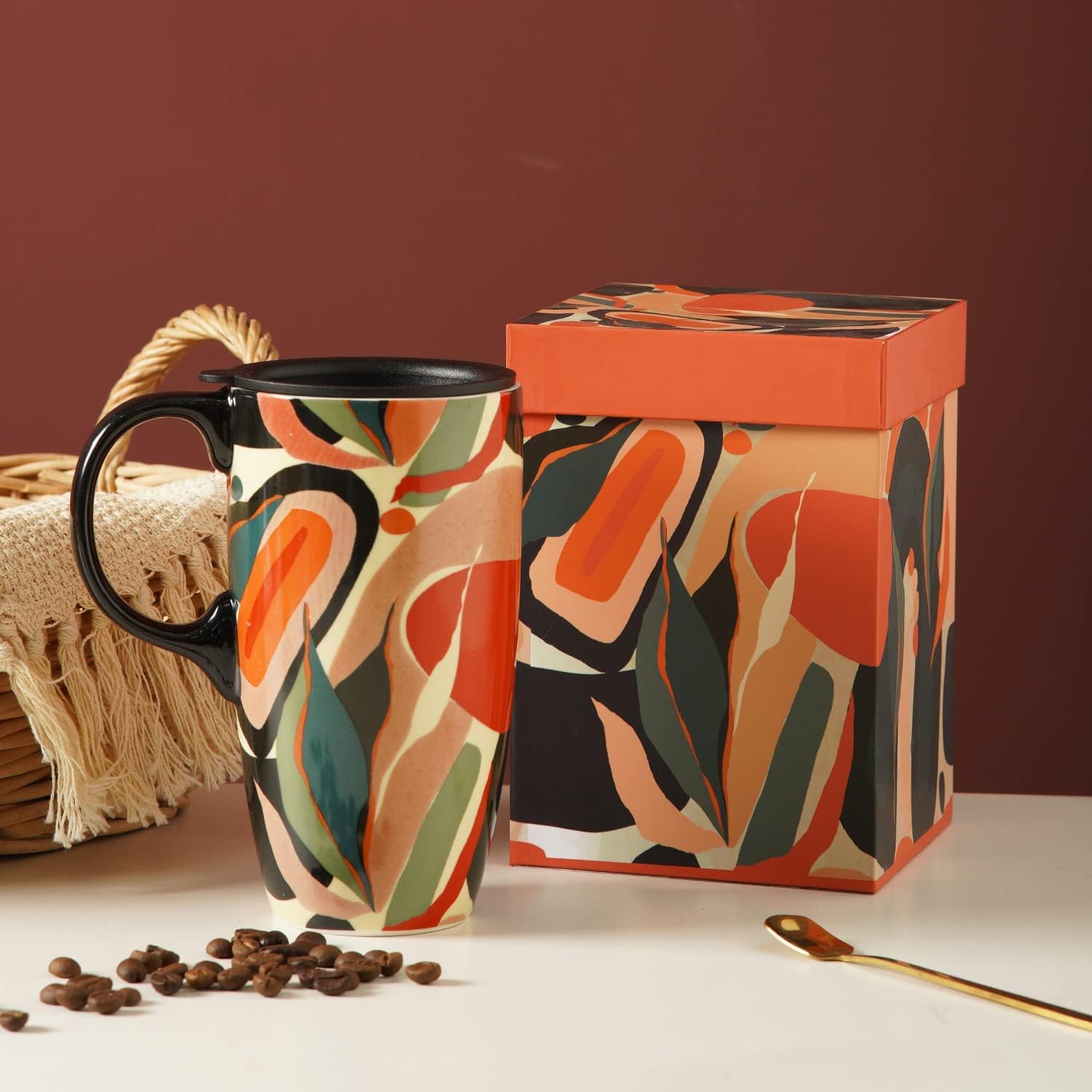 TZSSP Coffee Ceramic Mug Porcelain Latte Tea Cup With Lid 17oz. Orange - Image 3