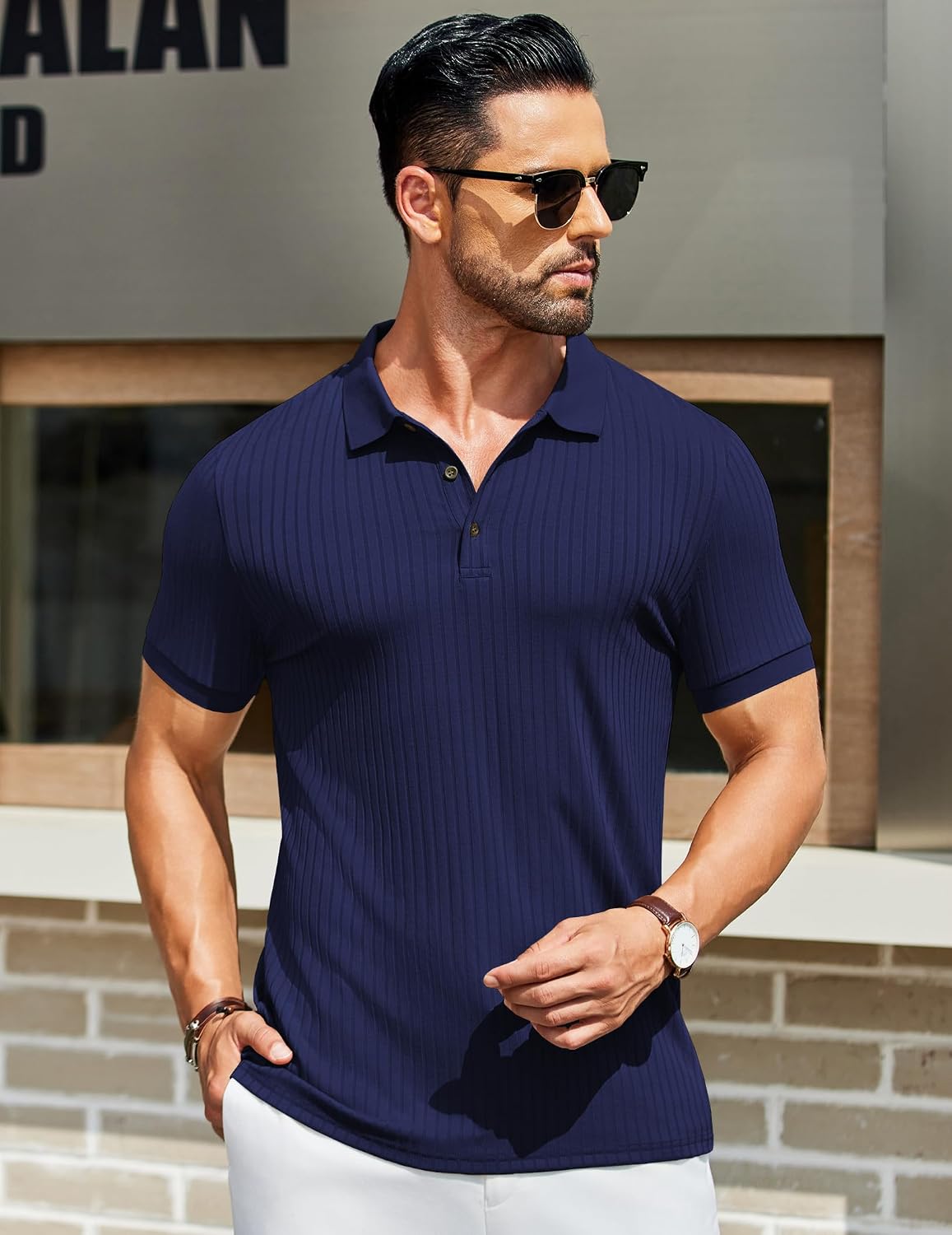 COOFANDY Men's Textured Polo Shirts Short Sleeve Slim Fit Casual Button Polo T-Shirt Summer Collared Golf Shirt image 2