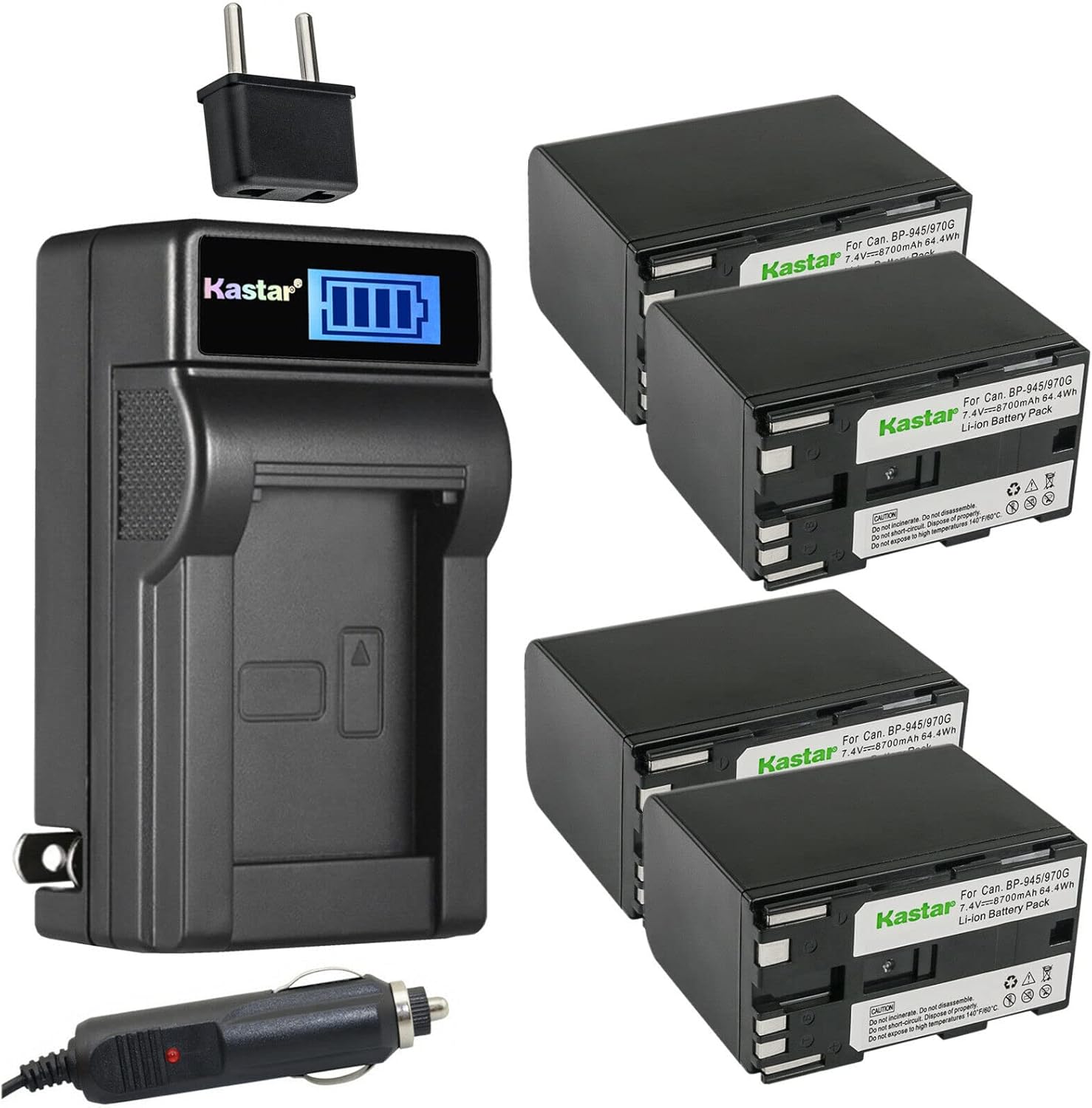 Kastar 4-Pack BP-970G Battery and LCD AC Charger Compatible with Canon V520, XF100, XF105, XF200, XF205, XF300, XF305, XH-G1 HDV, XH-G1S, XH-G1S HD, XL-H1A, XL-H1S, XL-H1S HD, XL-1, XL-1S, XL-2 Camera