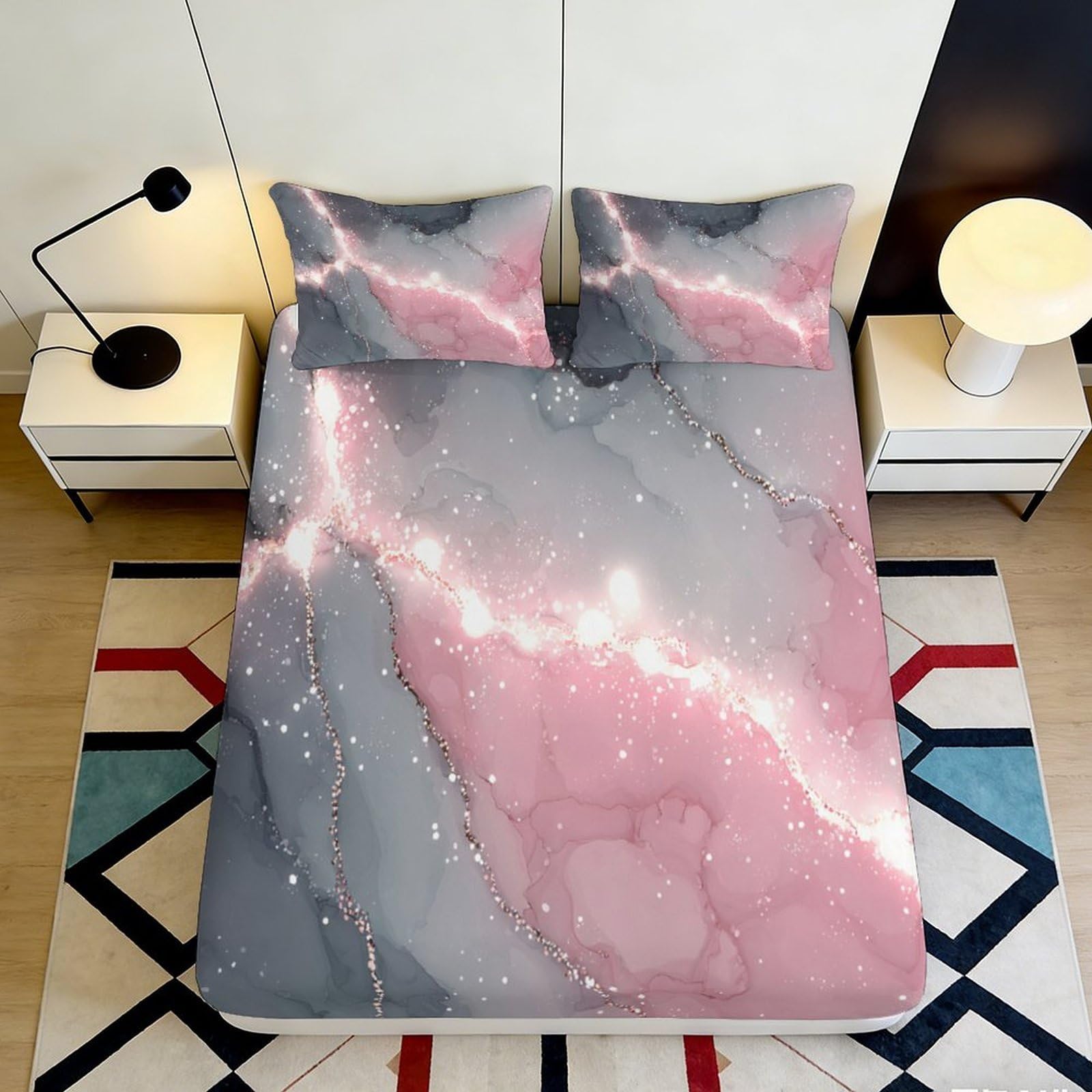 Jqzkxnhpbr Style-7 3D Printed Pink Marble Fitted Sheet Microfiber Soft Grey Abstract Mattress Cover For Bedroom Guest Room Decor 90X200x25cm