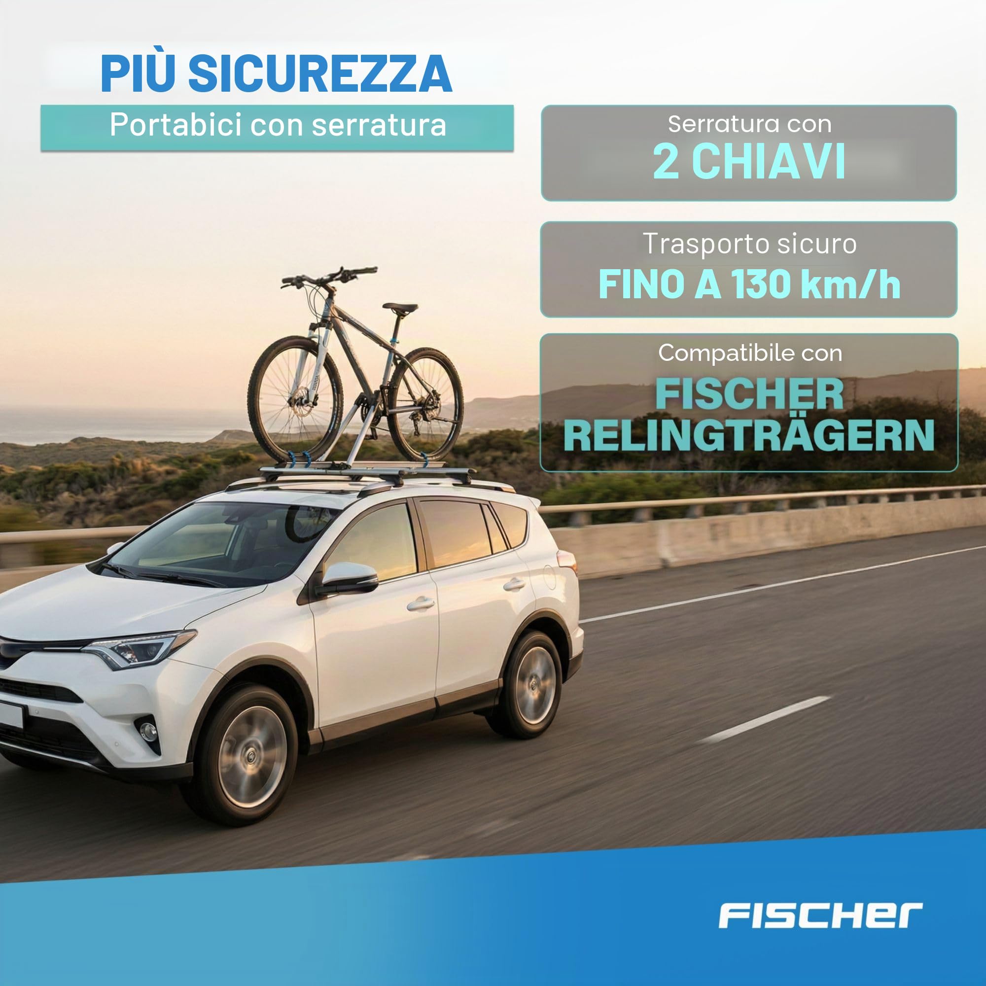 FISCHER, portabici da tetto per auto, testato TÜV GS, adatto per una bicicletta, carico fino a 15 kg, con serratura, argento